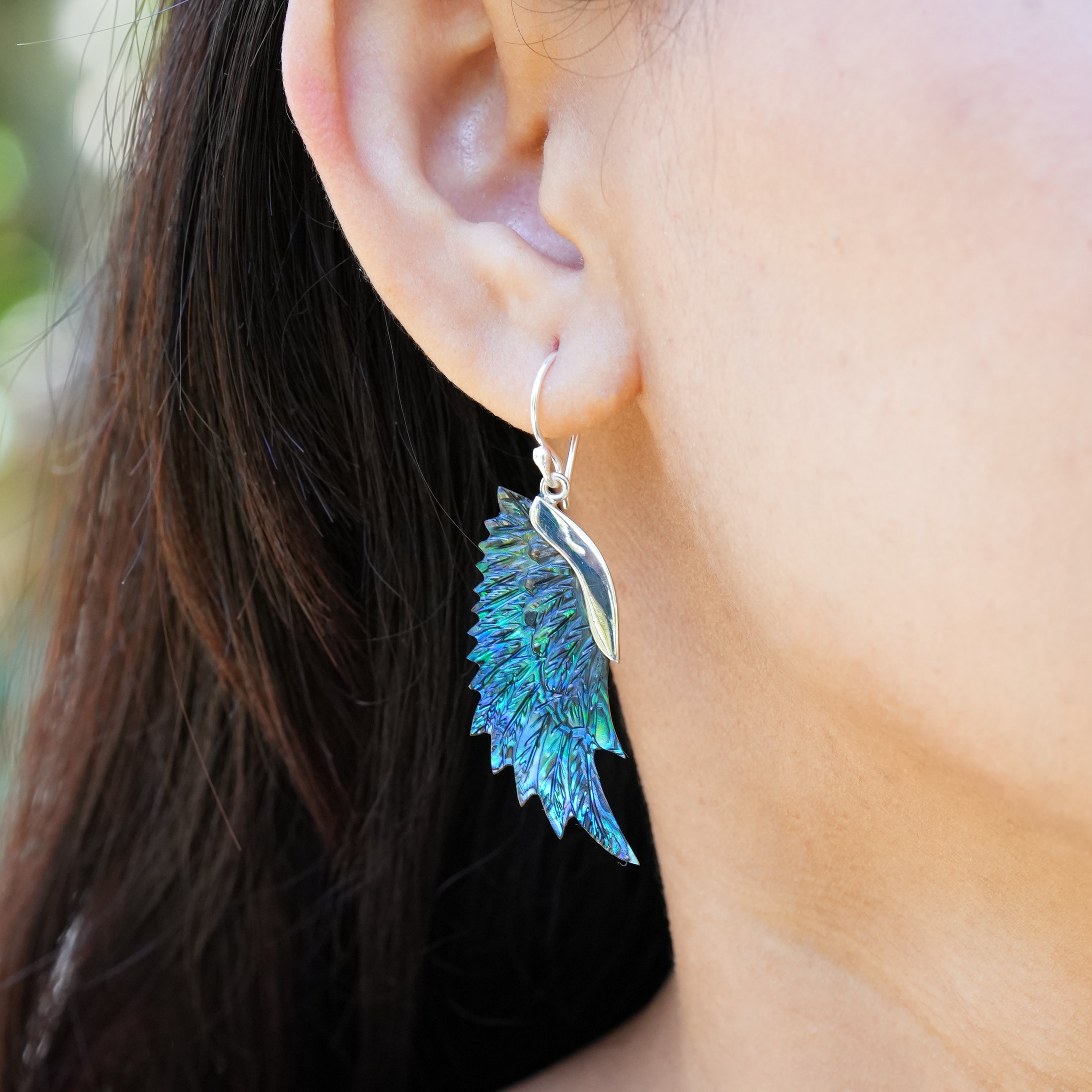 Starborn Carved Wing Abalone Shell Dangle Earrings in Fine Sterling Silver