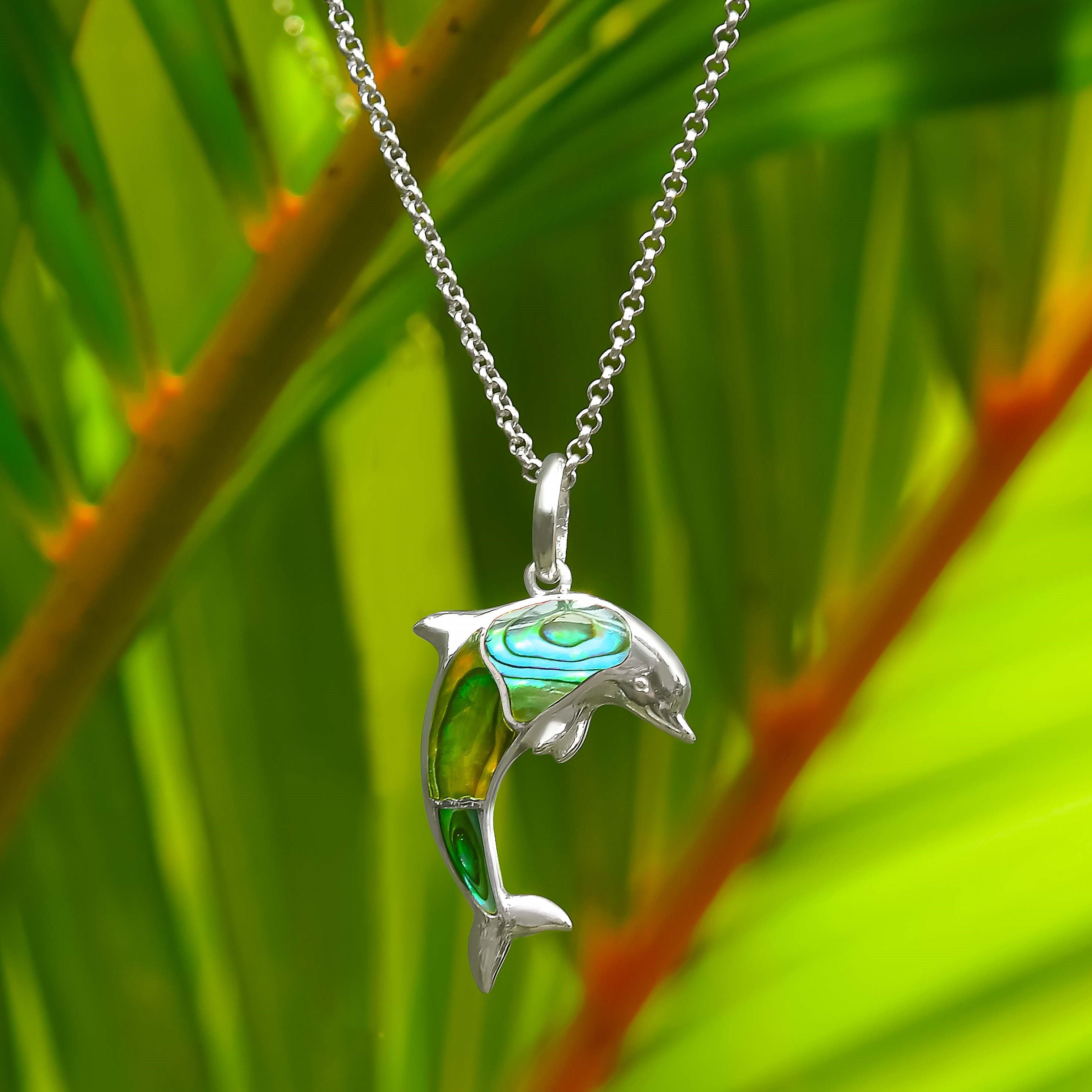 Starborn Gemstone Inlay Dolphin Pendant in Sterling Silver