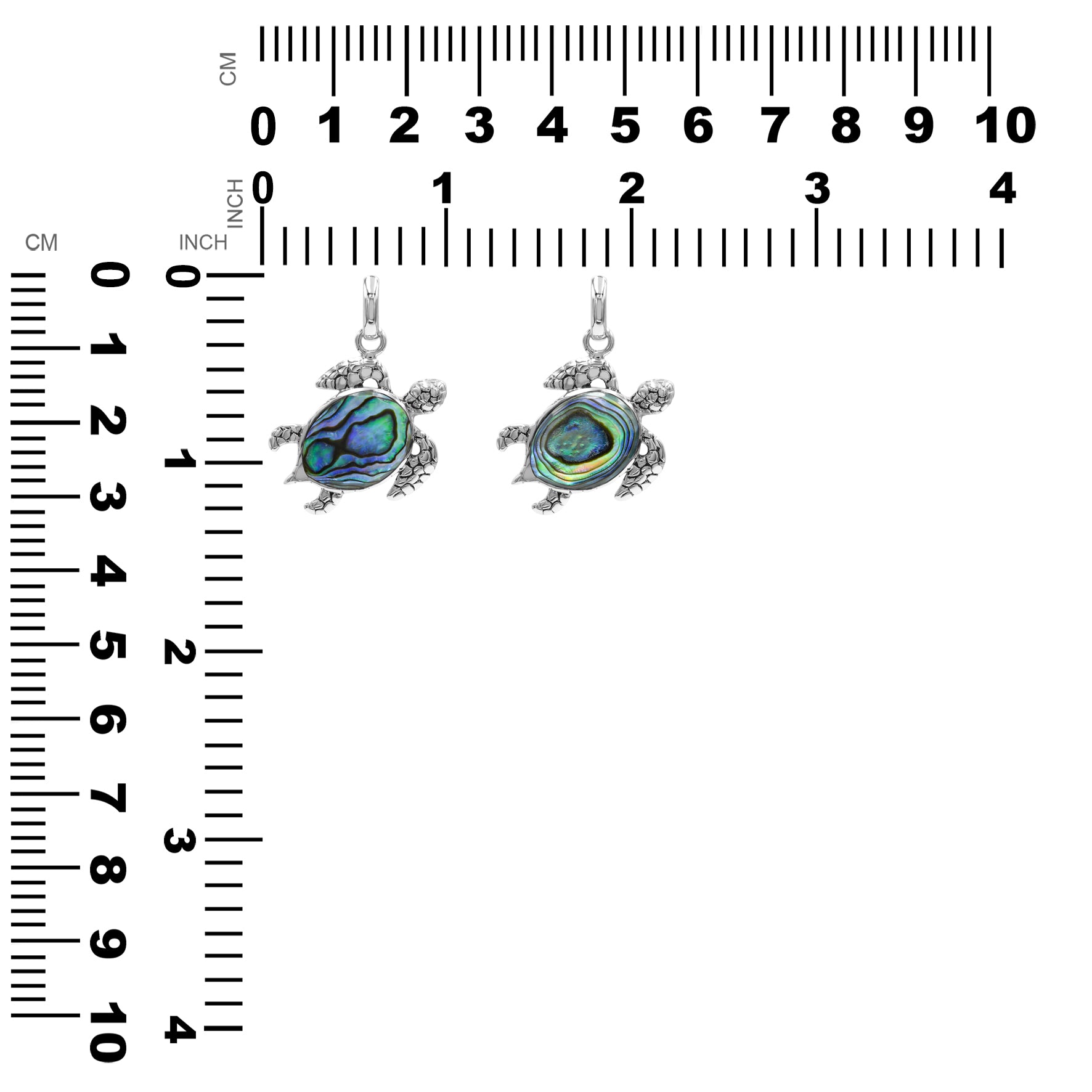 Pair of the turtle‑shaped pendant placed next to a measurement guide, with dimensions shown in inches and millimeters.