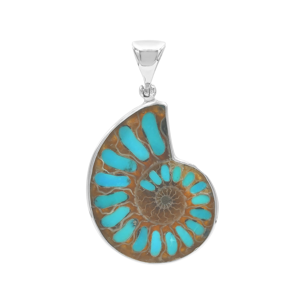 Starborn Ammonite with Turquoise Inlay Pendant in Sterling Silver