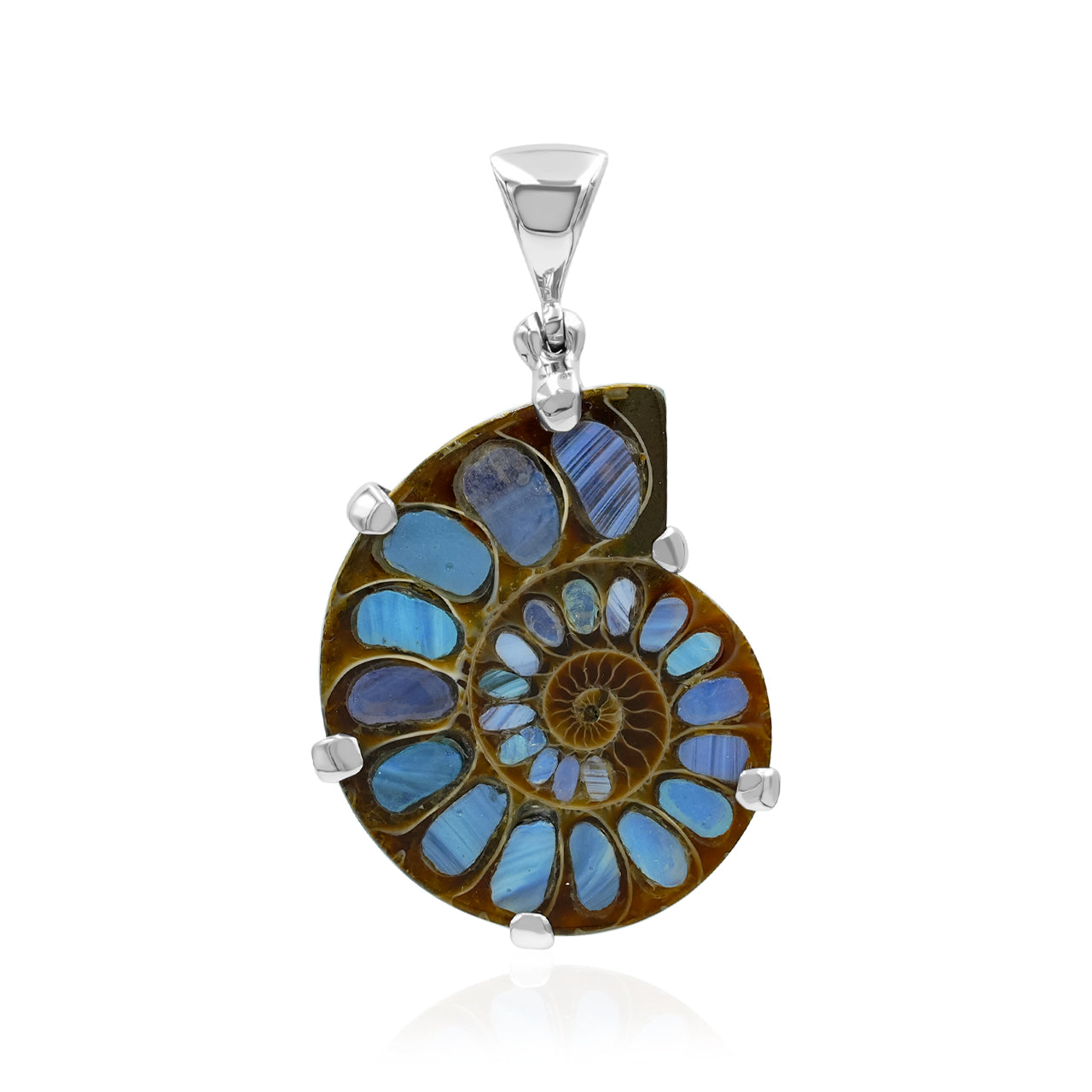 Starborn Ammonite with Swedish Medieval Ore Glass Inlay Bezel Style Pendant in Sterling Silver