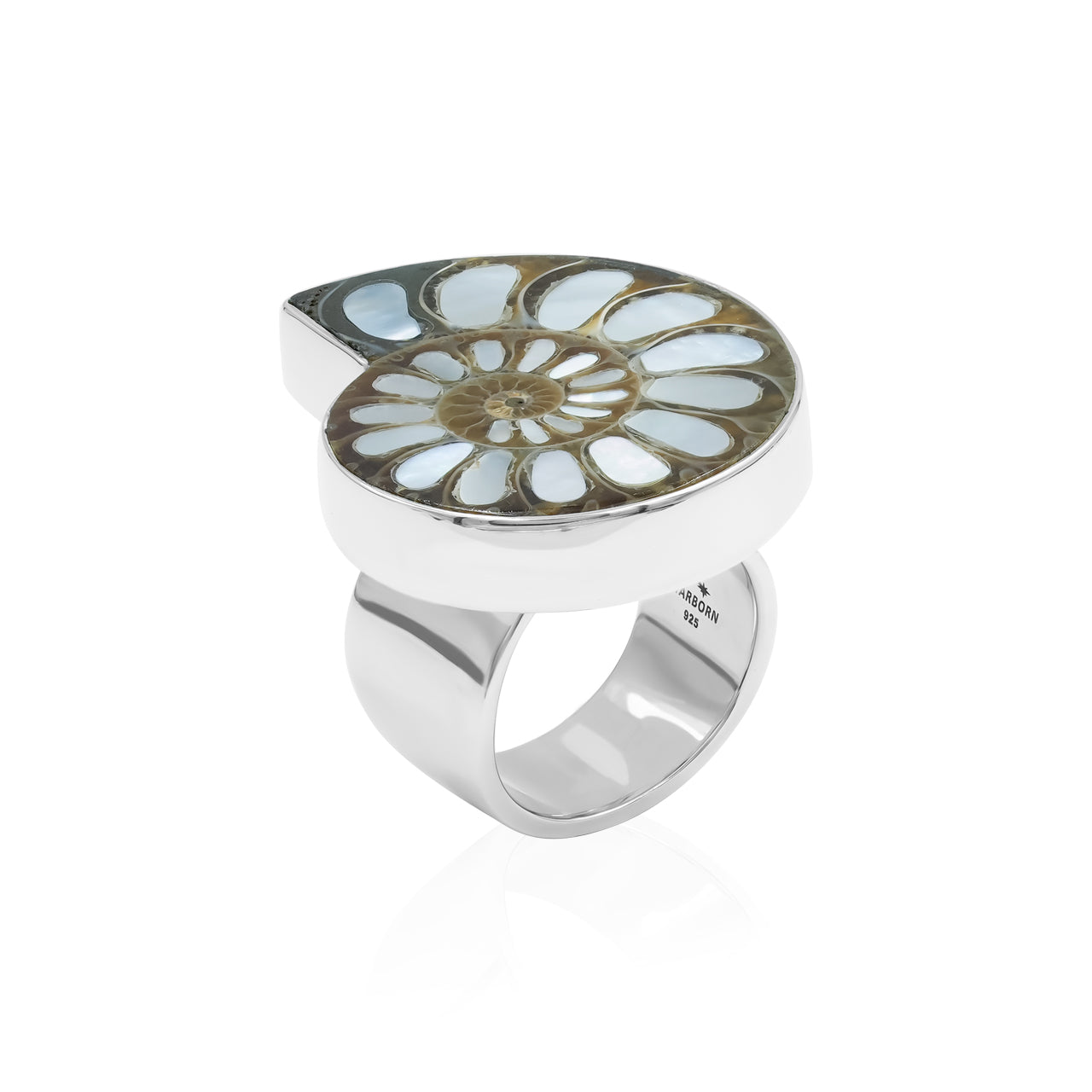 Starborn Ammonite with Mother of Pearl Inlay Ring in Sterling Silver - Large