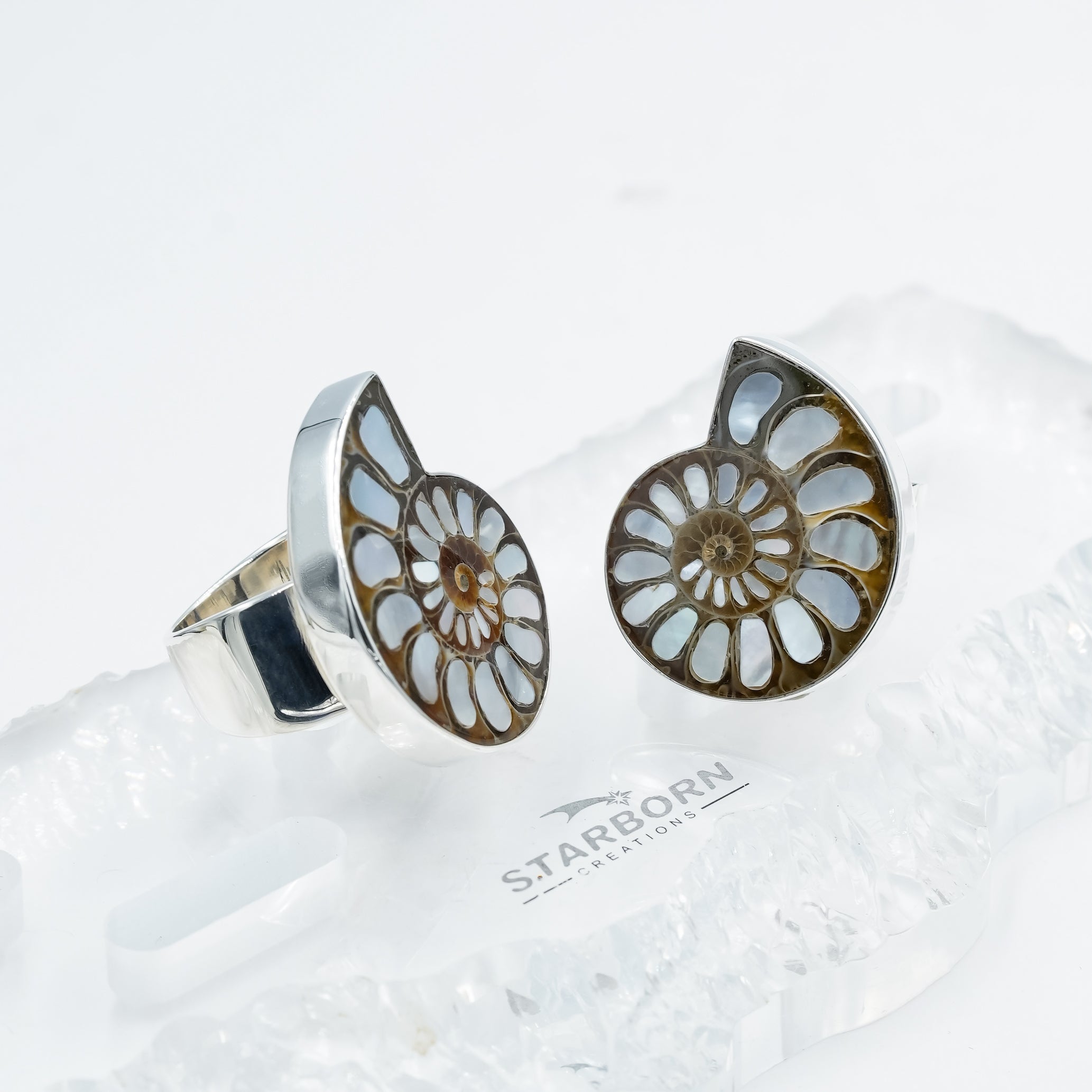 Starborn Ammonite with Mother of Pearl Inlay Ring in Sterling Silver - Large