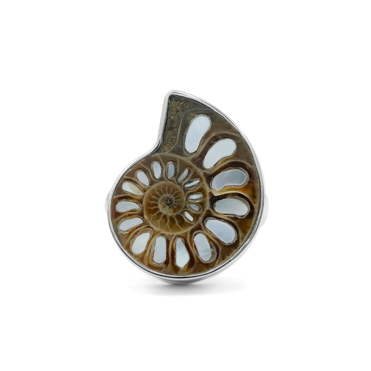 Starborn Ammonite with Mother of Pearl Inlay Ring in Sterling Silver - Small