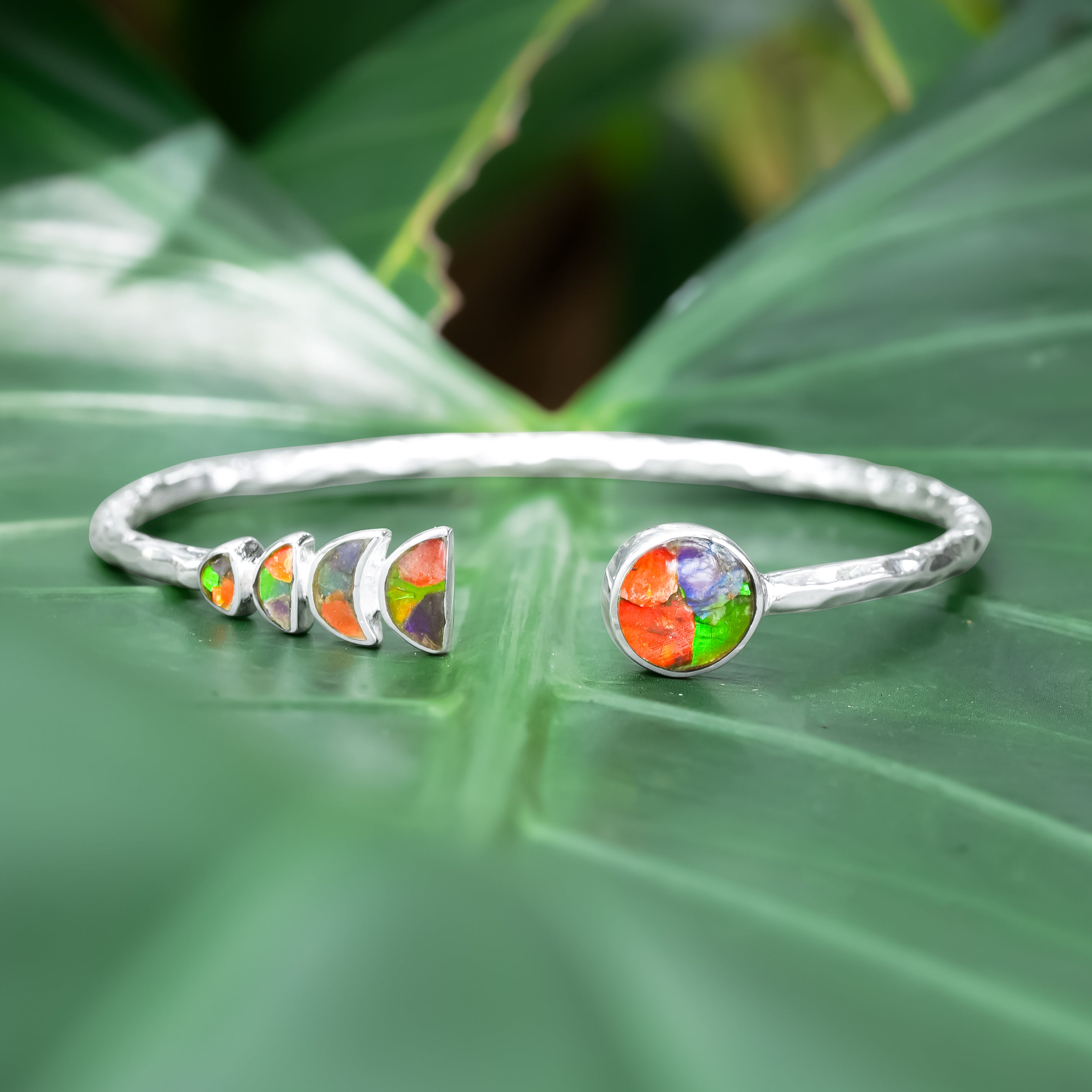 Starborn Open Bangle Bracelet with Moon Phase Gemstone Design in Sterling Silver