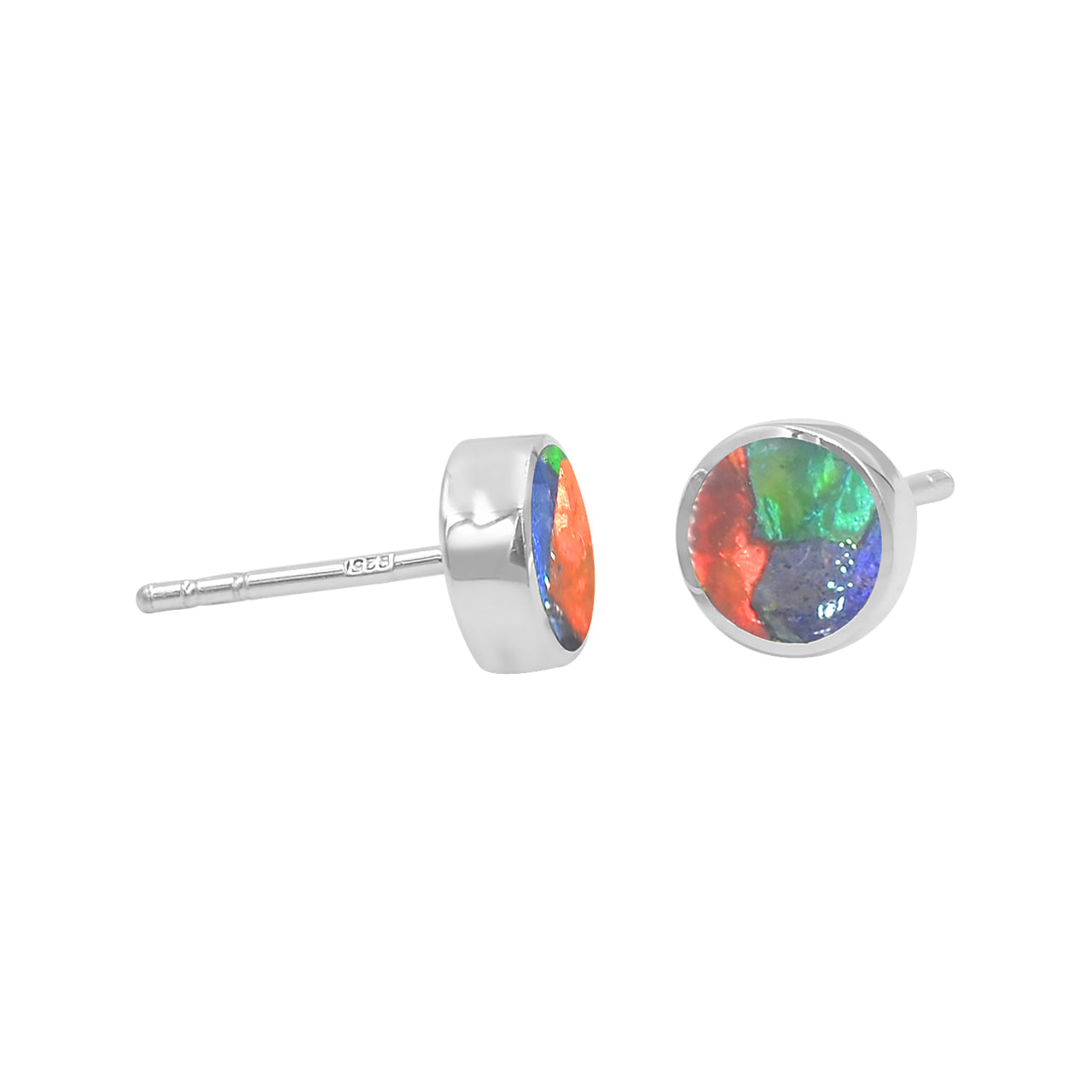 Starborn Round Ammolite Single Bezel Post Earrings in Sterling Silver