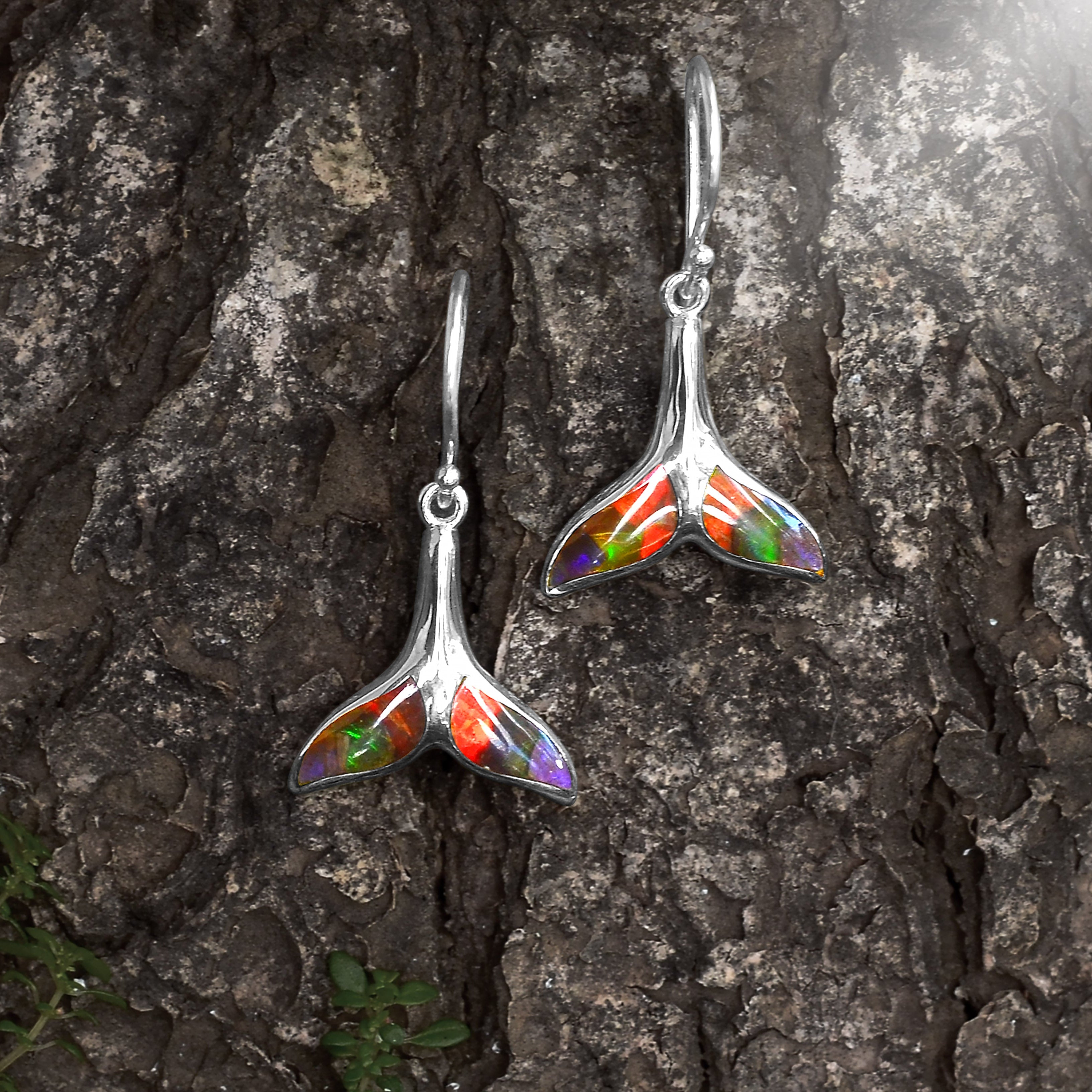 Starborn Ammolite Whale Tail Earrings in Sterling Silver
