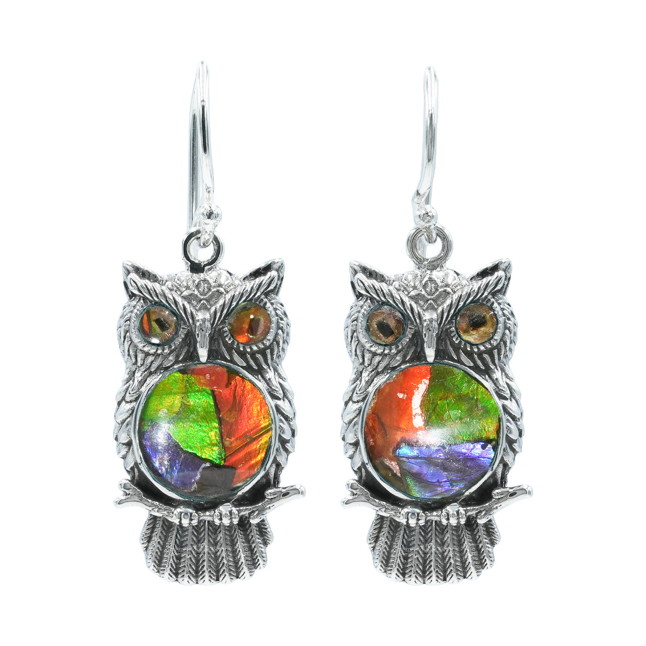 Starborn Ammolite Inlay Owl Dangle Earrings in Fine Sterling Silver