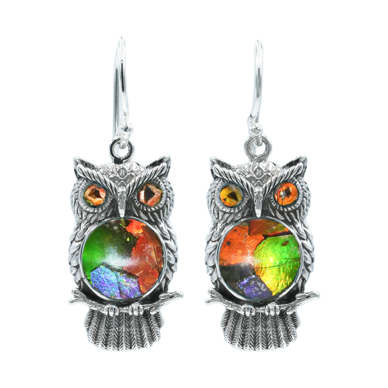 Starborn Ammolite Inlay Owl Dangle Earrings in Fine Sterling Silver