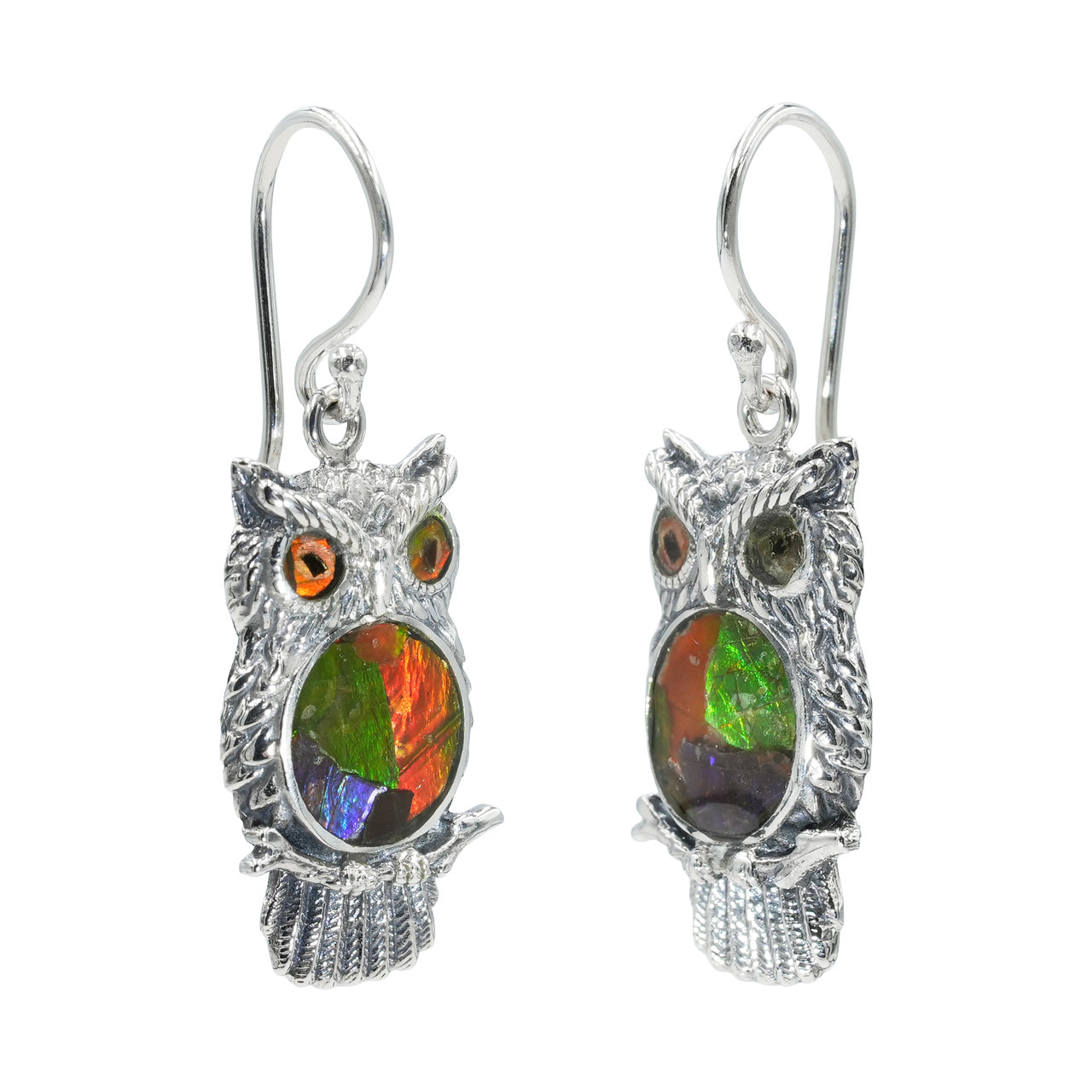 Starborn Ammolite Inlay Owl Dangle Earrings in Fine Sterling Silver