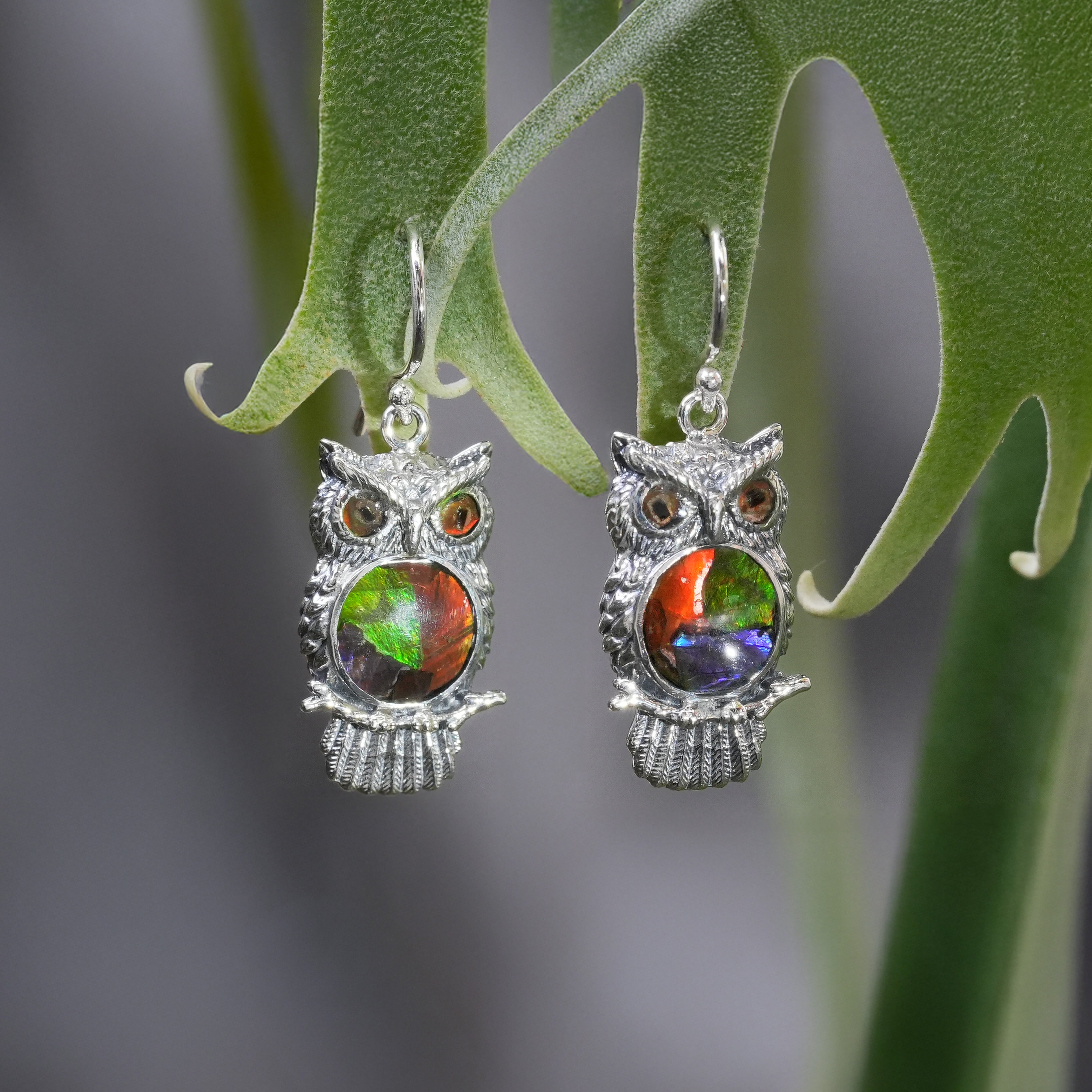 Starborn Ammolite Inlay Owl Dangle Earrings in Fine Sterling Silver