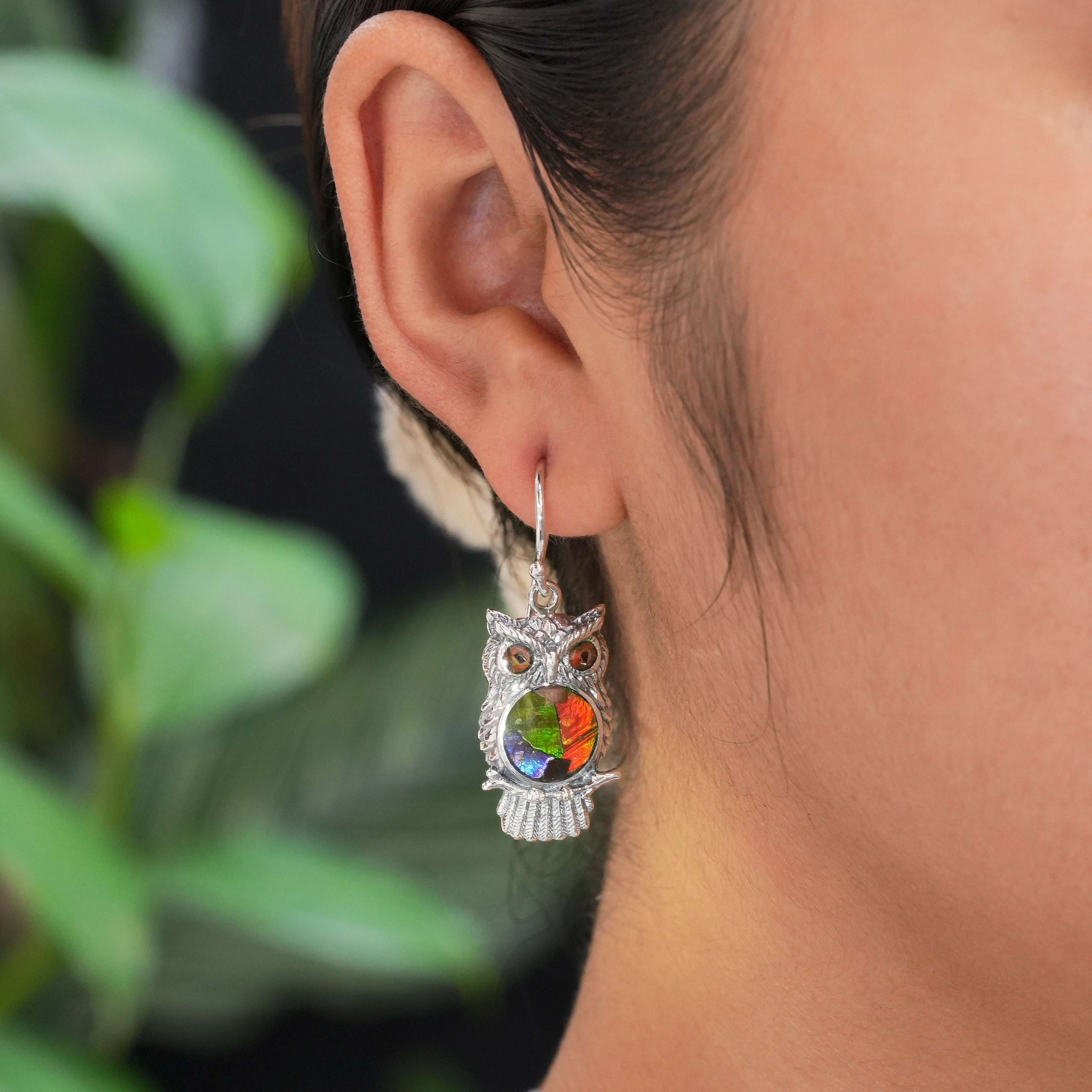 Starborn Ammolite Inlay Owl Dangle Earrings in Fine Sterling Silver
