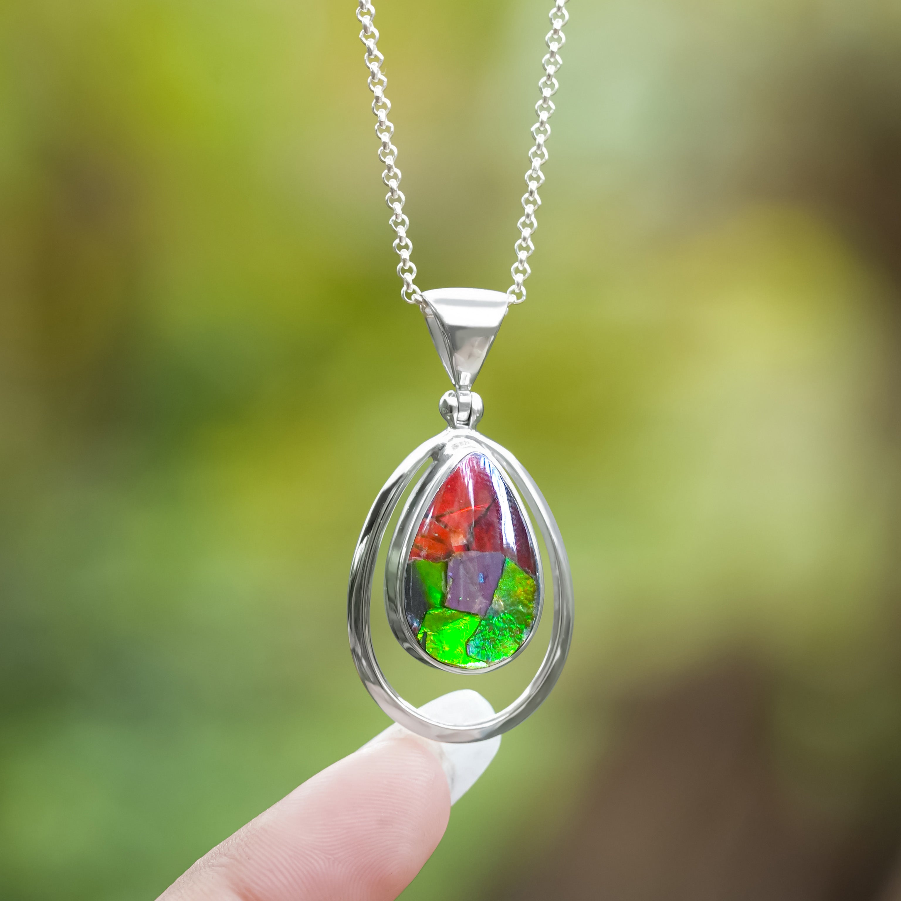 Starborn Ammolite Pear Pendant with Frame in Sterling Silver