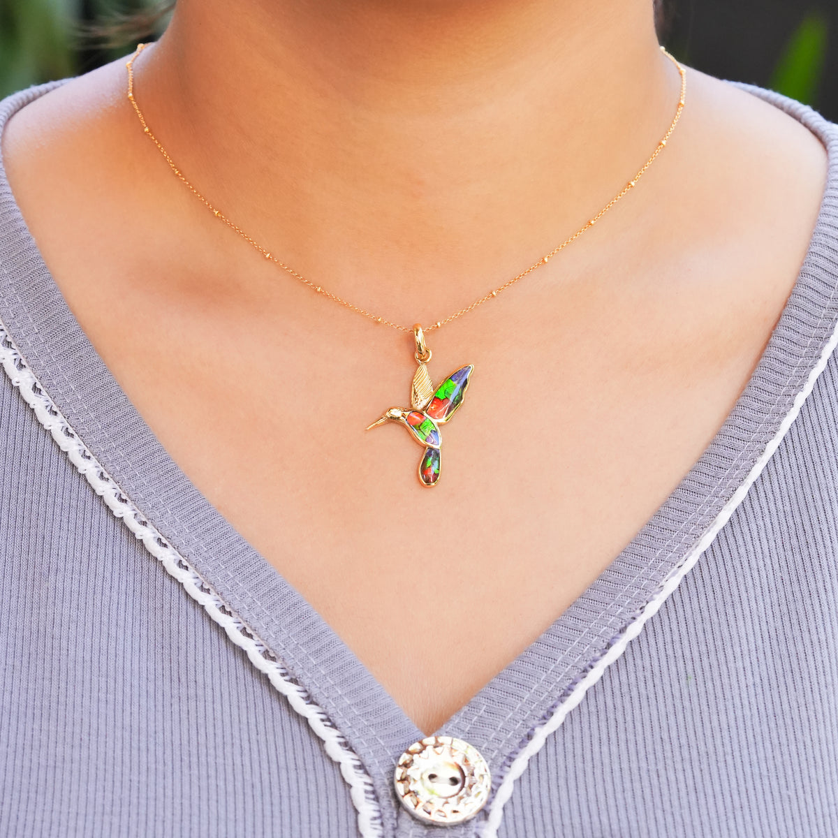 Starborn Ammolite and Sterling Silver Hummingbird Pendant