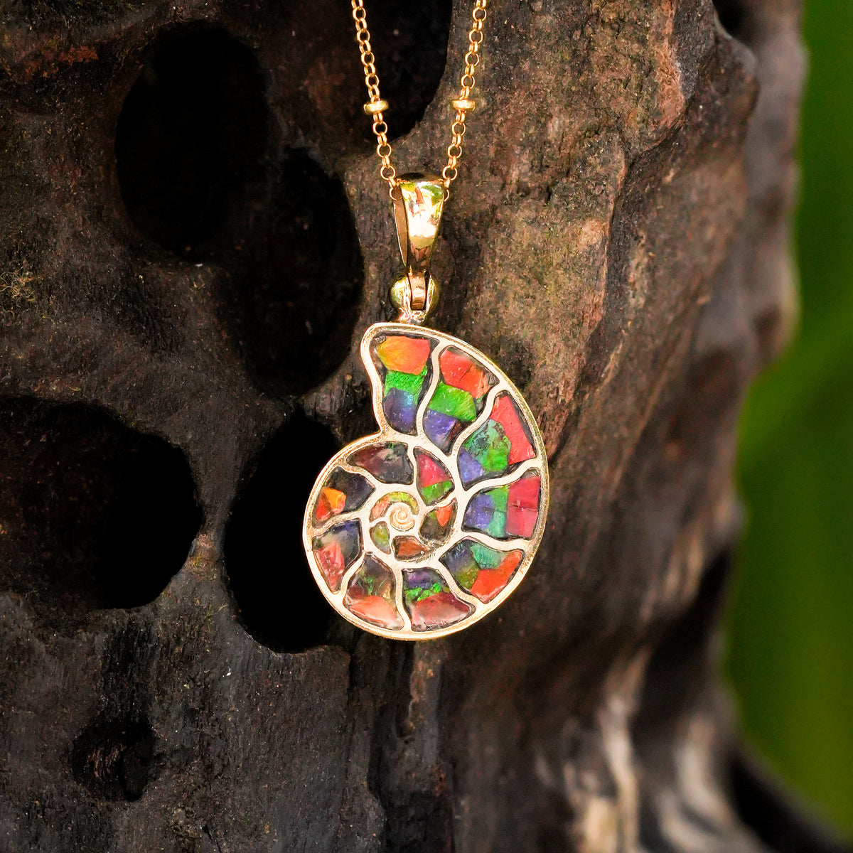 Starborn Ammolite Nautilus-Intarsien-Anhänger in Sterlingsilber – Klein