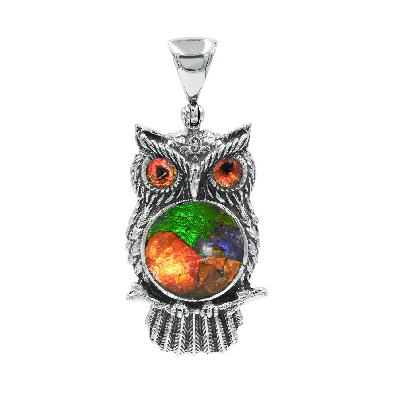Alternate front‑view of the owl pendant with a multicolor ammolite inlay.