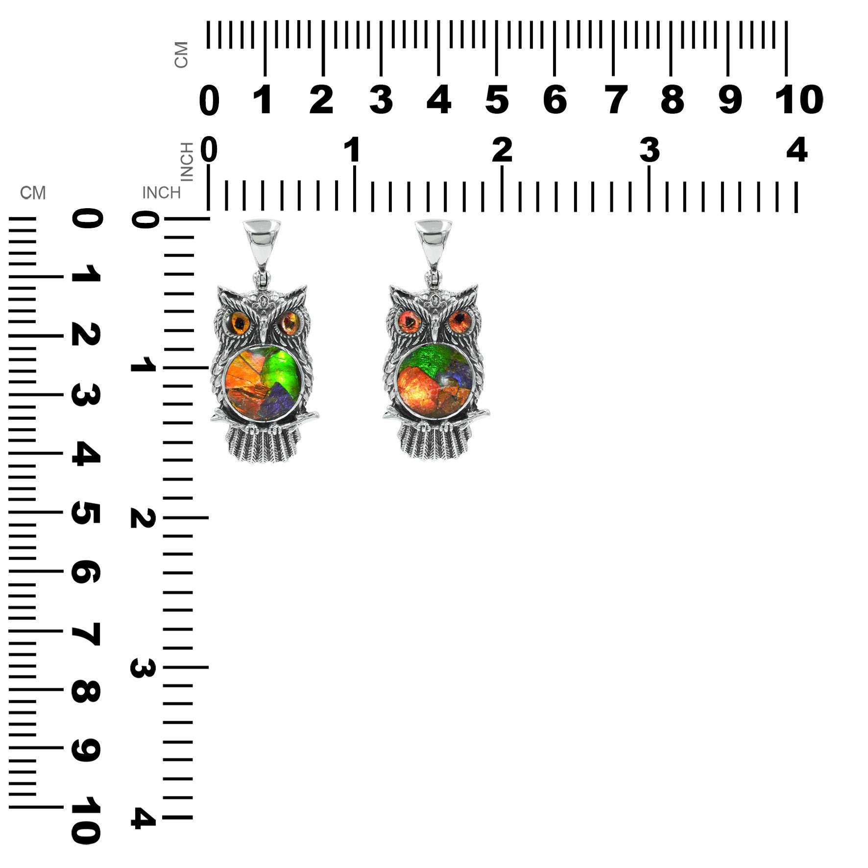 Owl pendant  with a multicolor ammolite inlay shown beside a measurement chart displaying height and width in inches and centimeter.