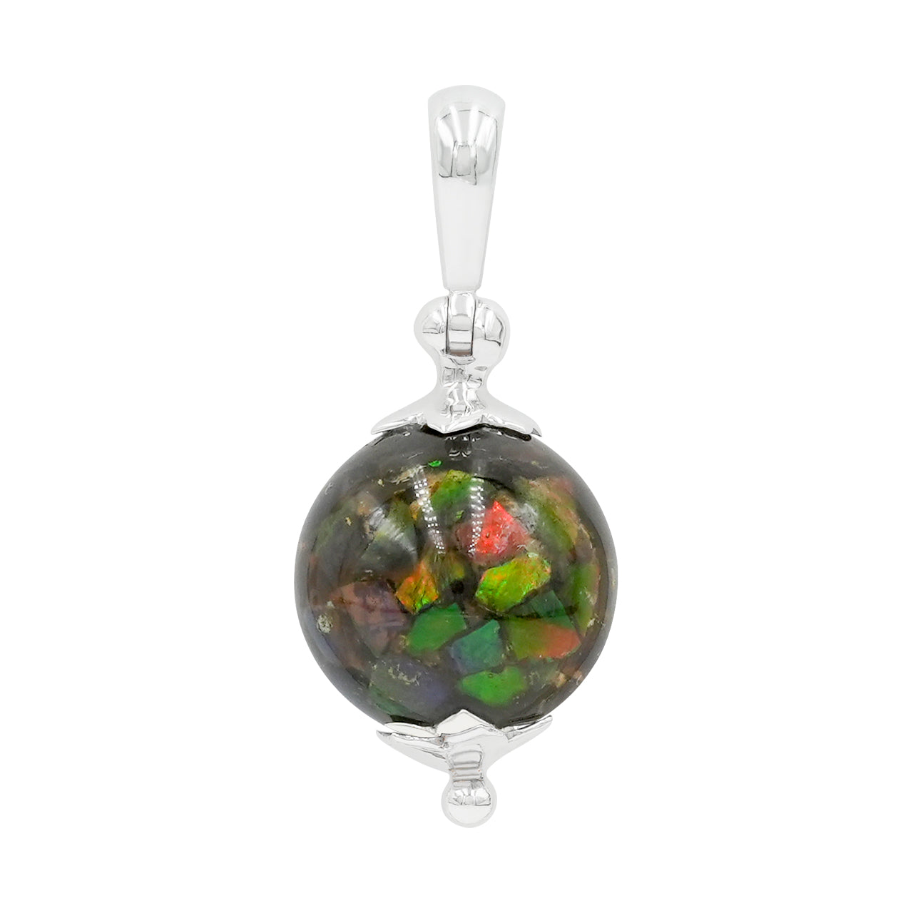 Starborn Ammolite Sphere Flower Cap Pendant in Sterling Silver