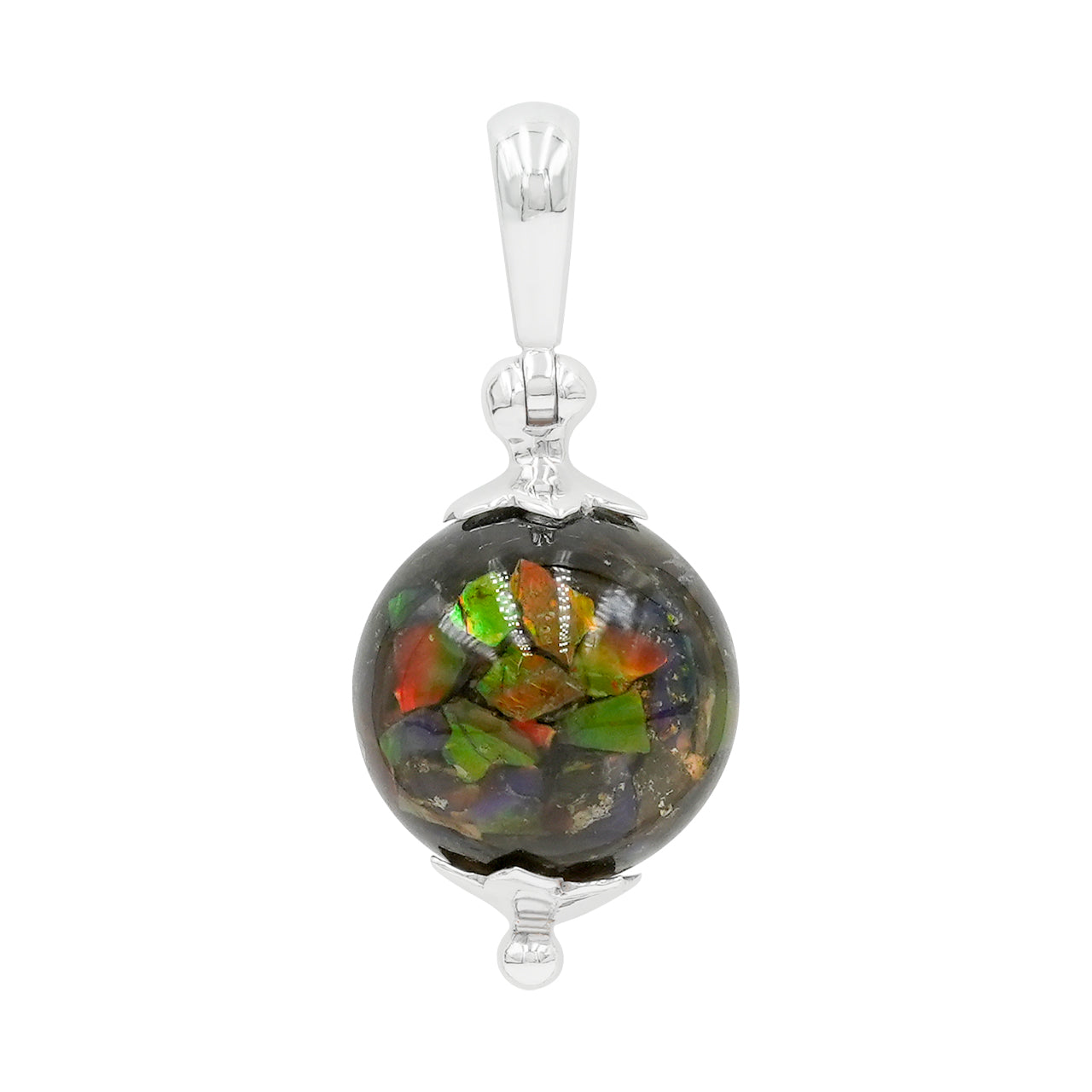 Starborn Ammolite Sphere Flower Cap Pendant in Sterling Silver