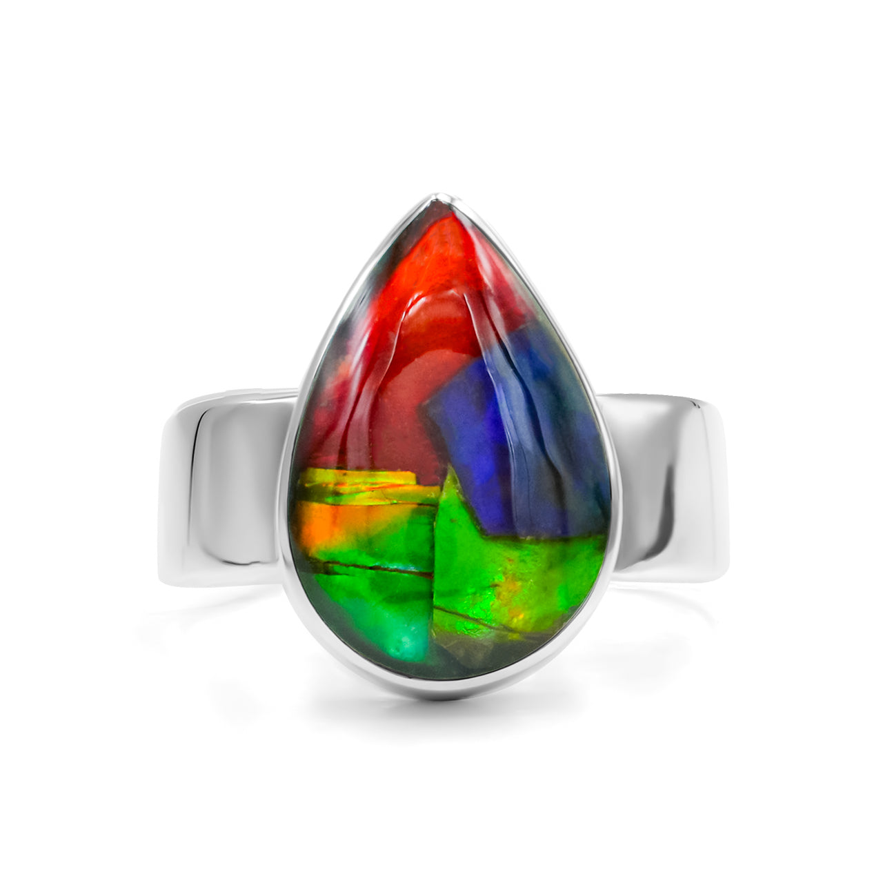 Starborn Ammolite Pear Cabochon Ring in Sterling Silver