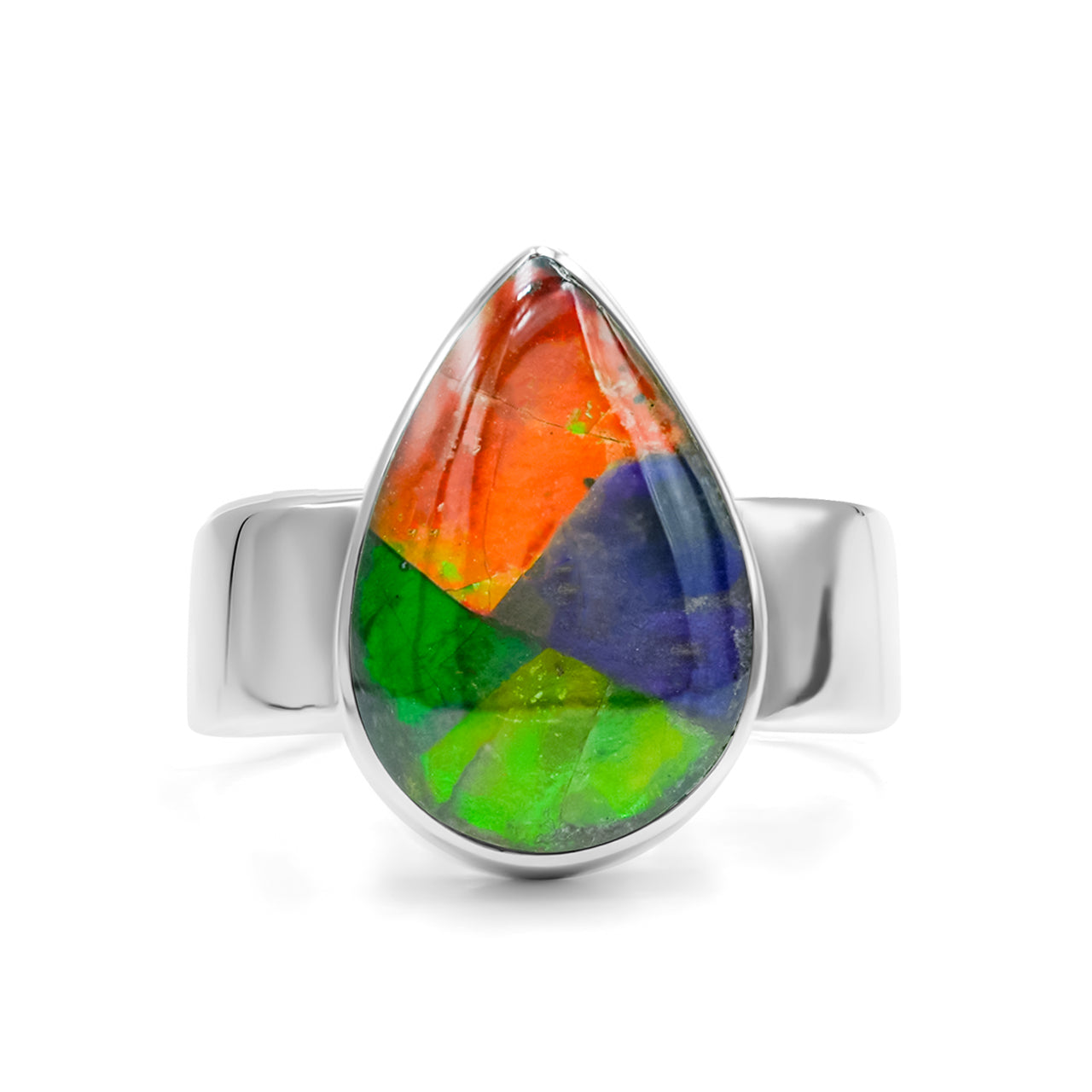 Starborn Ammolite Pear Cabochon Ring in Sterling Silver
