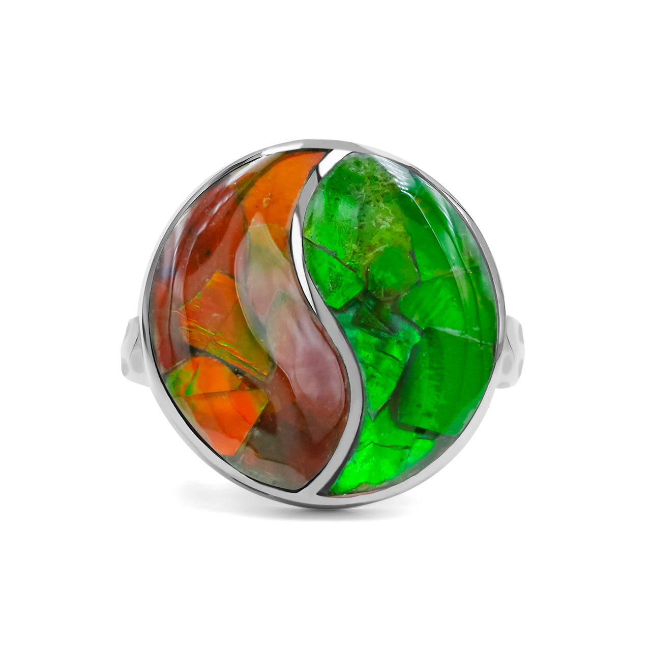Starborn Colorfull Ammolite Yin & Yang Round Ring in Fine Sterling Silver