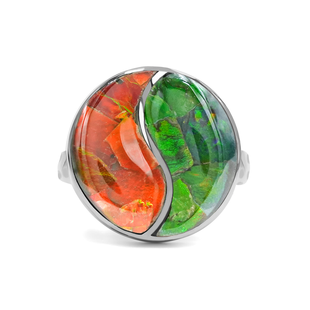 Starborn Colorfull Ammolite Yin & Yang Round Ring in Fine Sterling Silver