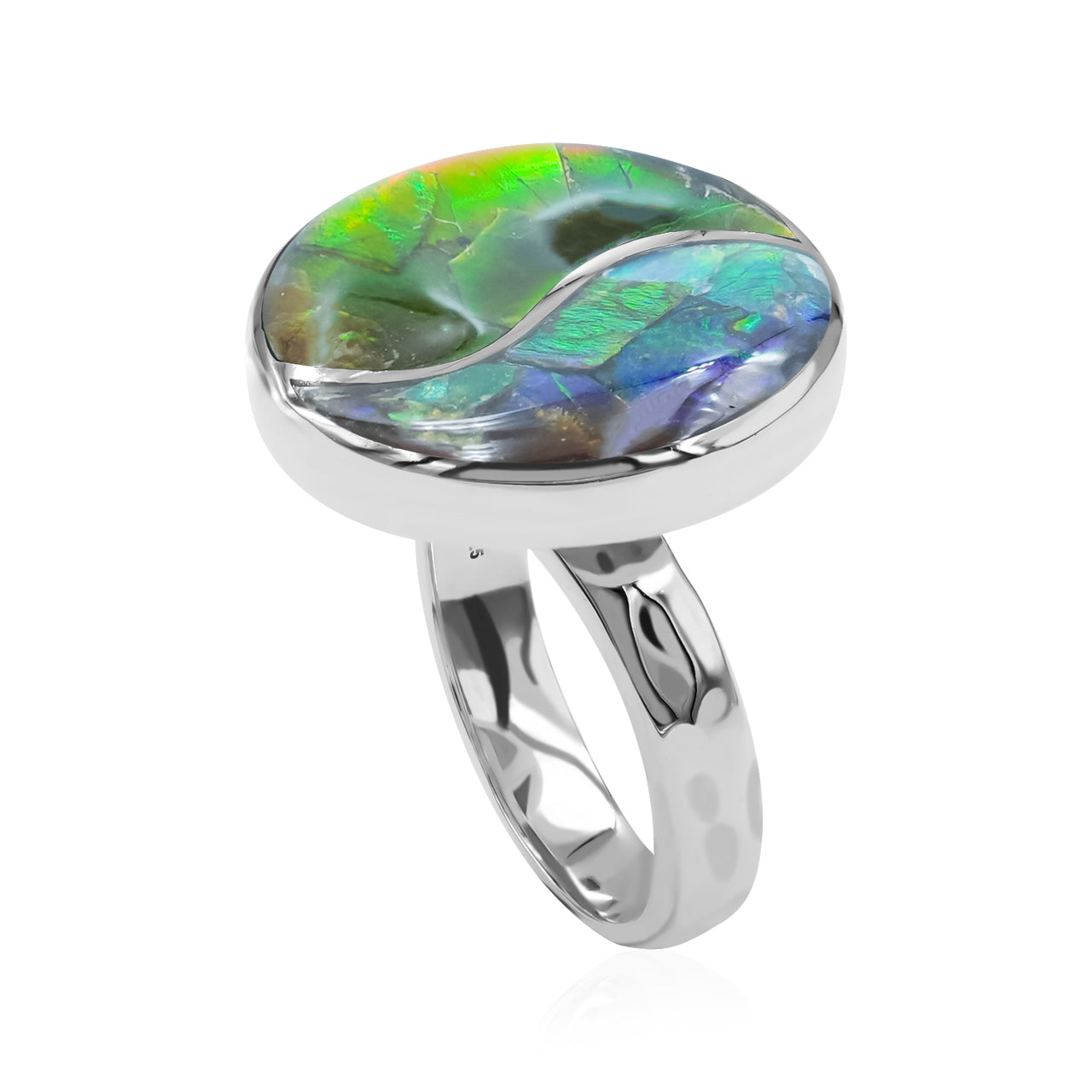 Starborn Colorfull Ammolite Yin & Yang Round Ring in Fine Sterling Silver