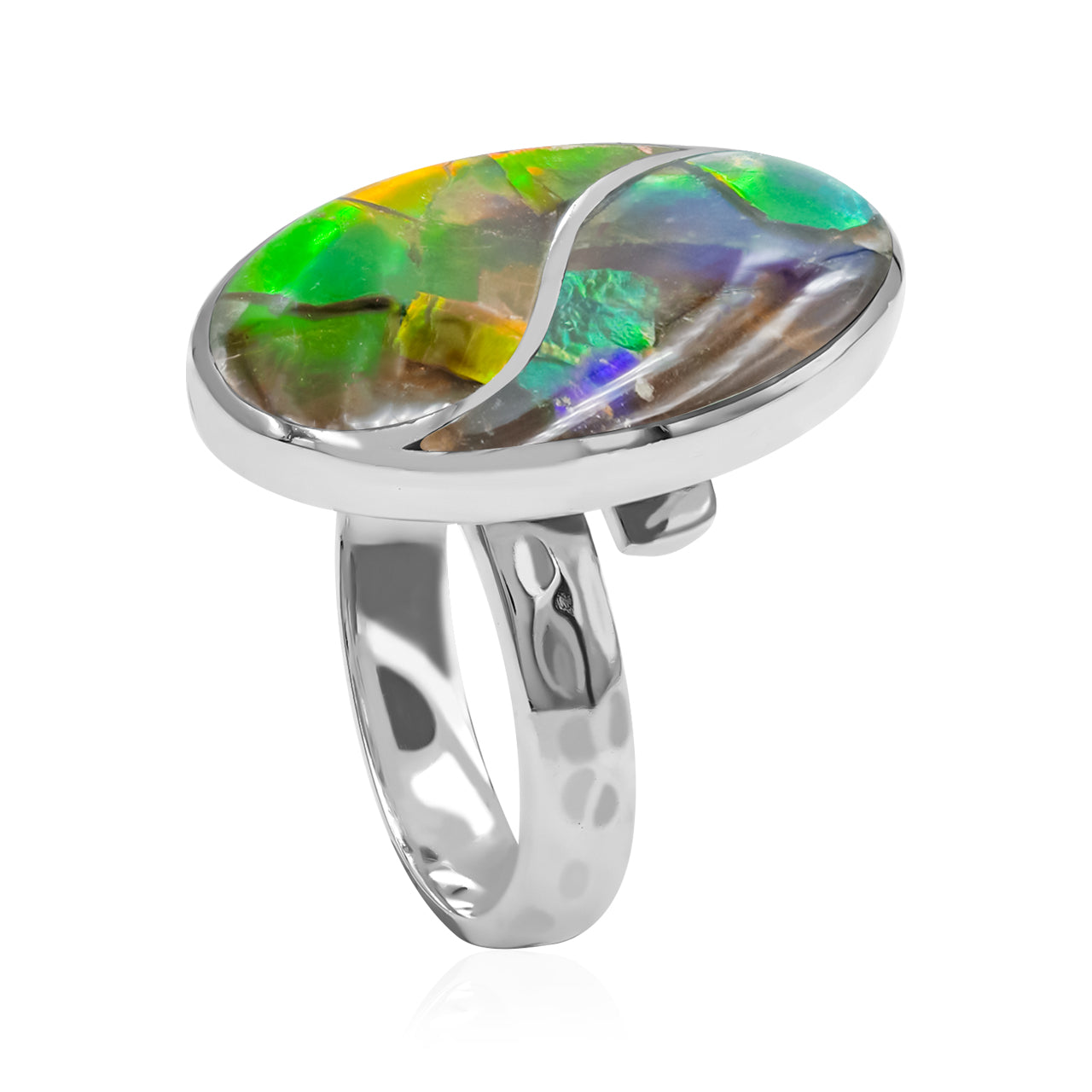 Starborn Colorful Ammolite Yin & Yang Oval Ring in Fine Sterling Silver