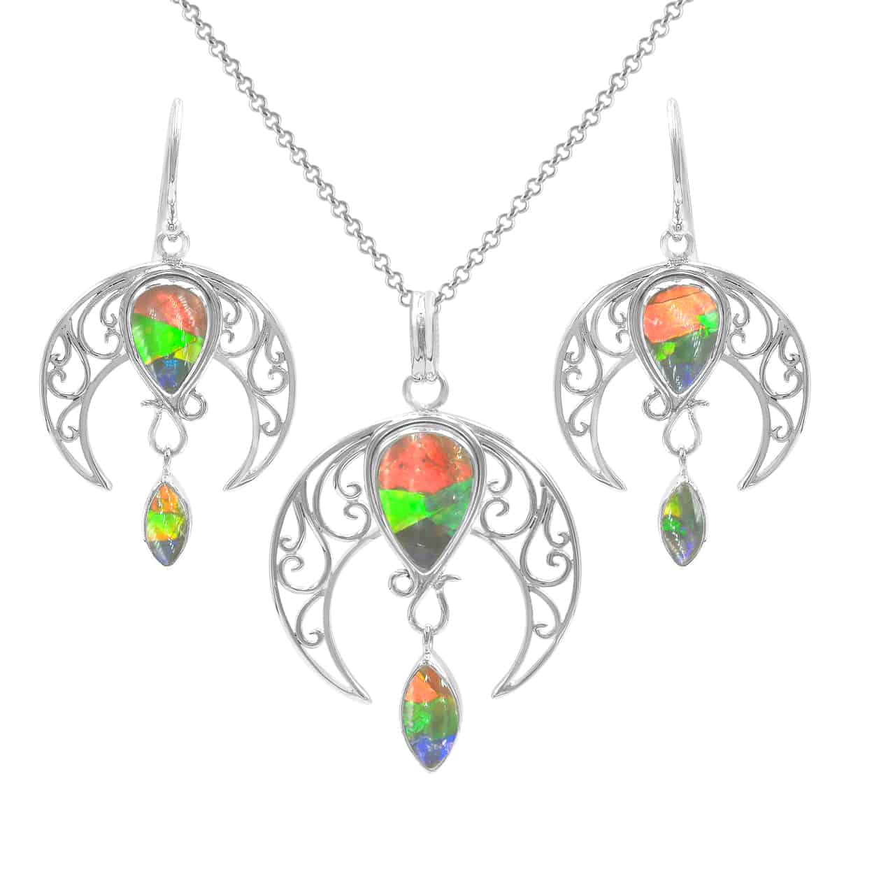 Starborn Ammolite Celestial Pendant and Earring Set in Sterling Silver