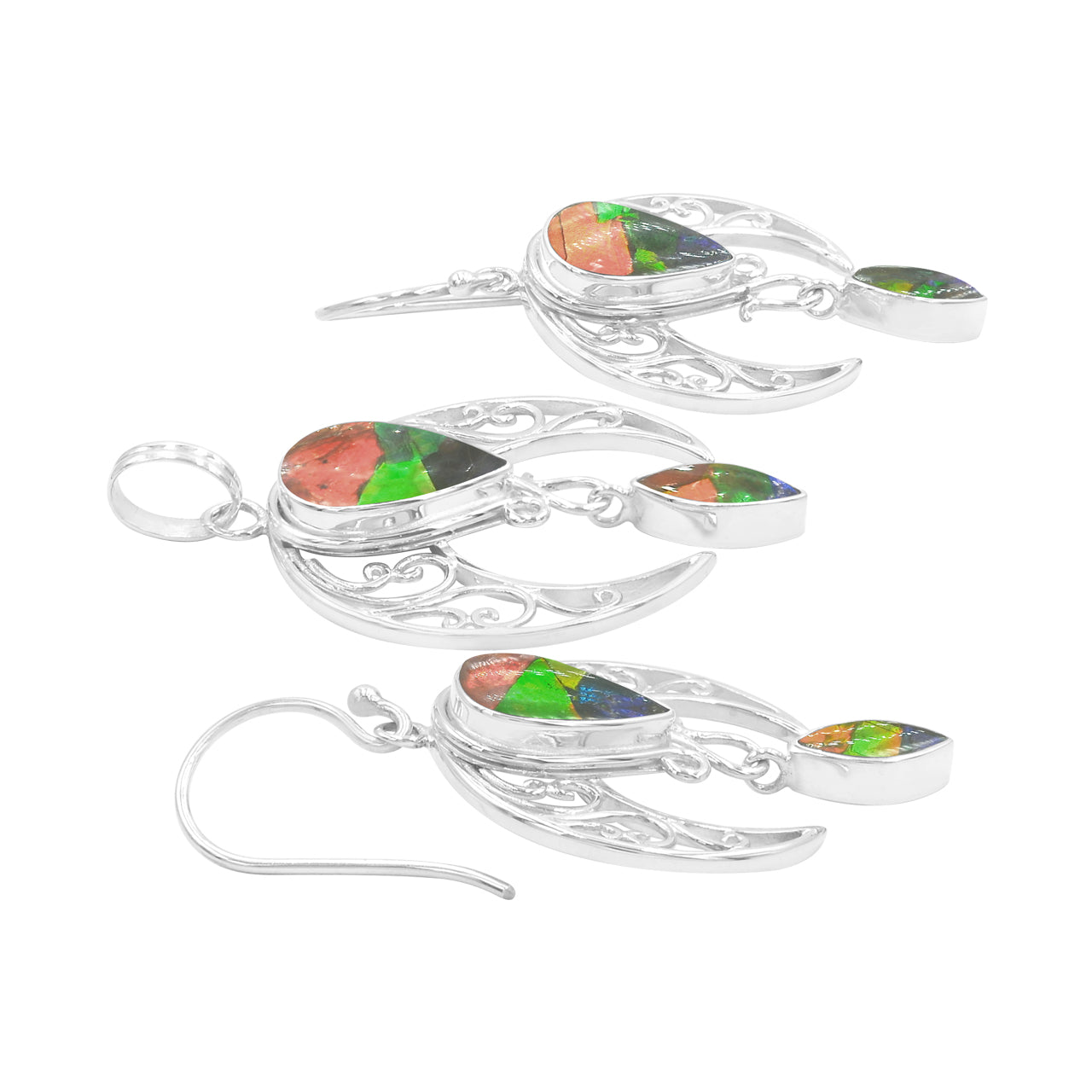 Starborn Ammolite Celestial Pendant and Earring Set in Sterling Silver