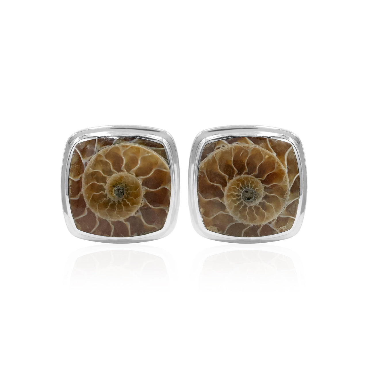 Starborn Manschettenknöpfe aus Sterlingsilber mit versteinertem Ammonit im Kissenschliff 