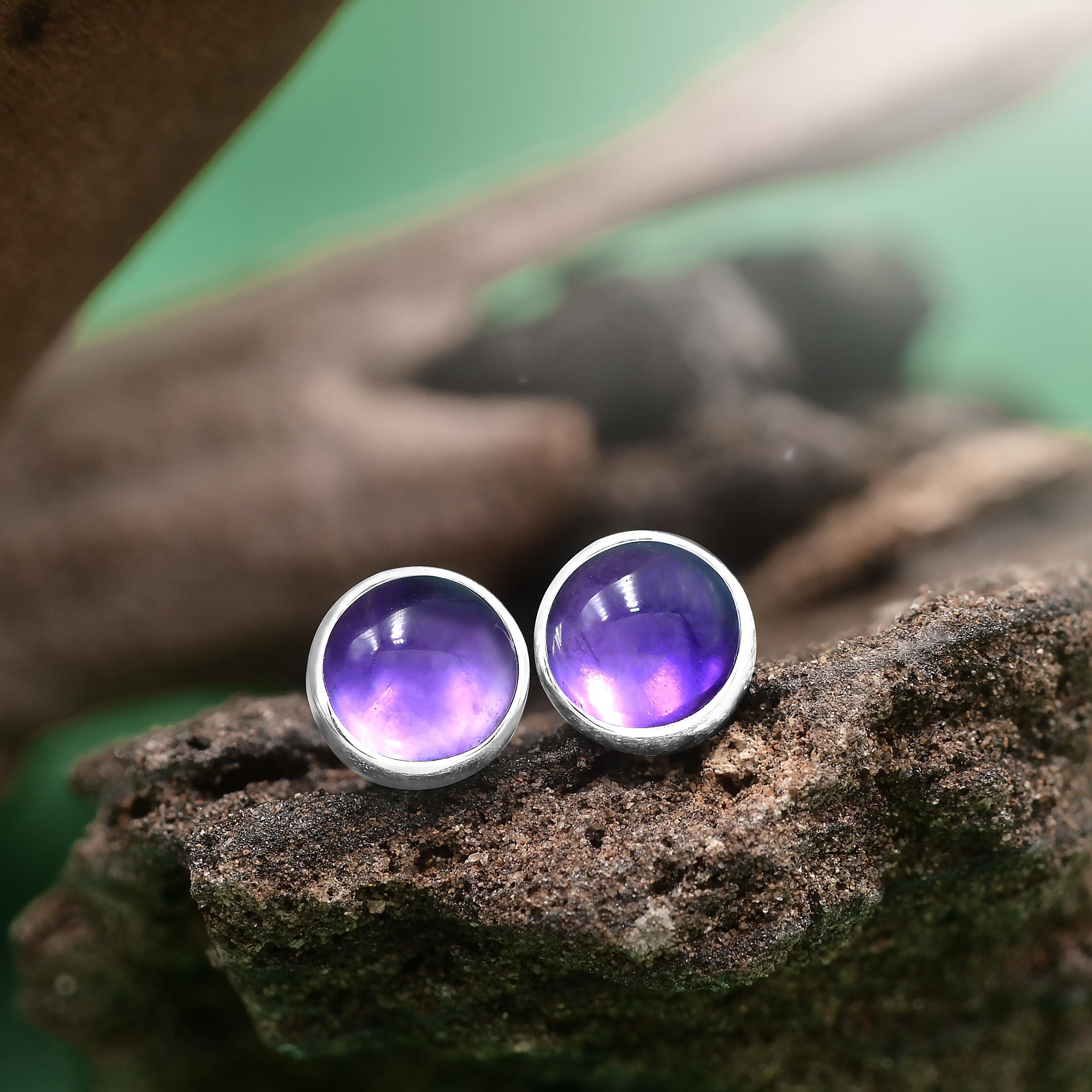 Starborn Amethyst Round Cabochon Post Style Earrings in Sterling Silver
