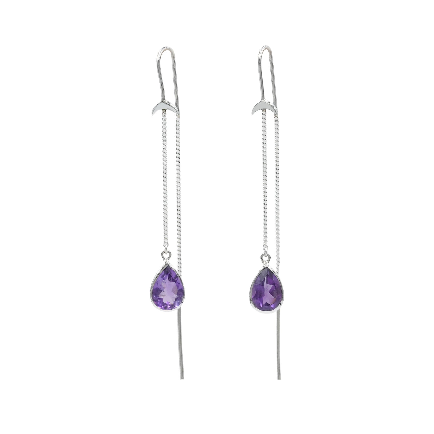 Starborn Amethyst Pear Faceted Threader Earring with Crescent Moon Accents in Sterling Silver