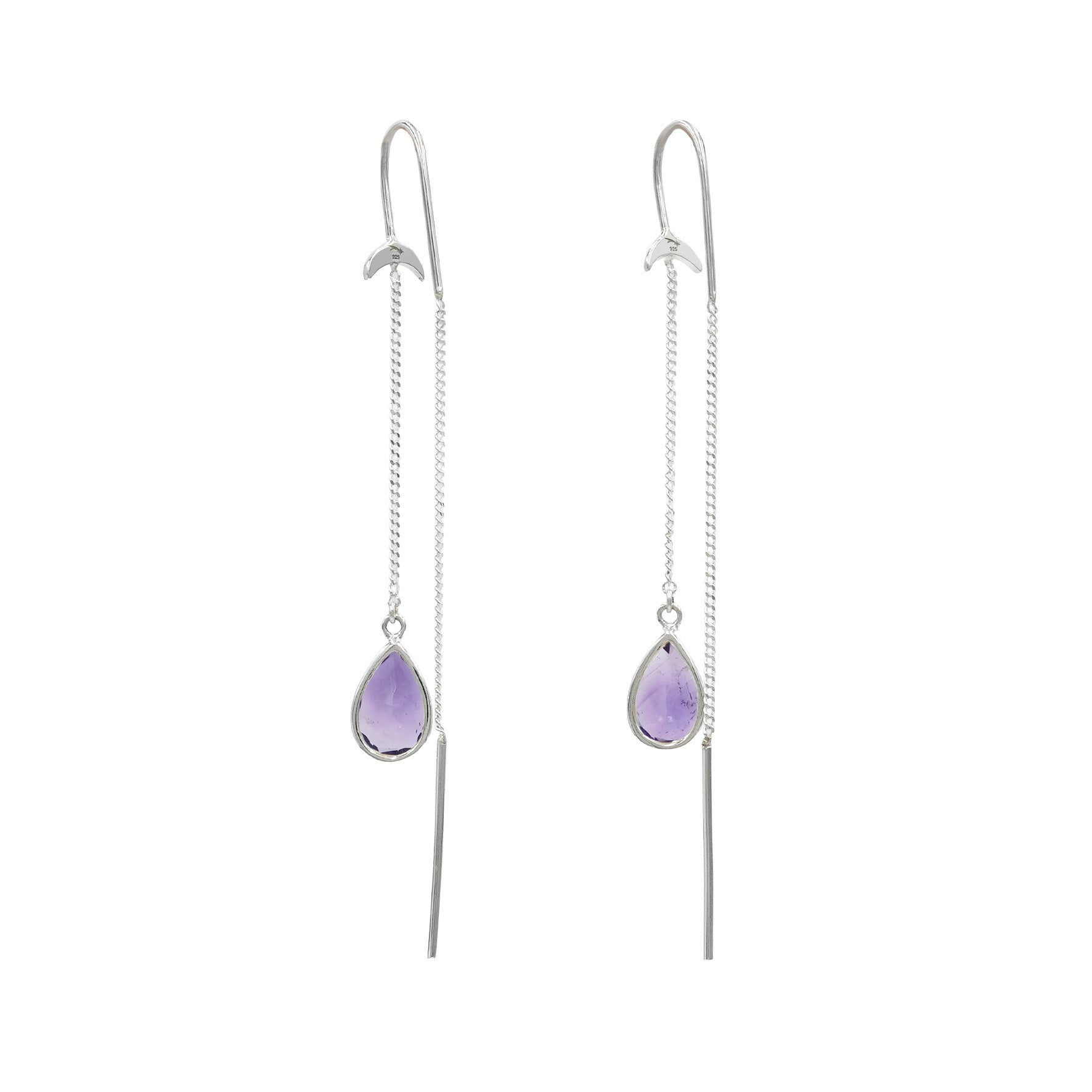 Starborn Amethyst Pear Faceted Threader Earring with Crescent Moon Accents in Sterling Silver