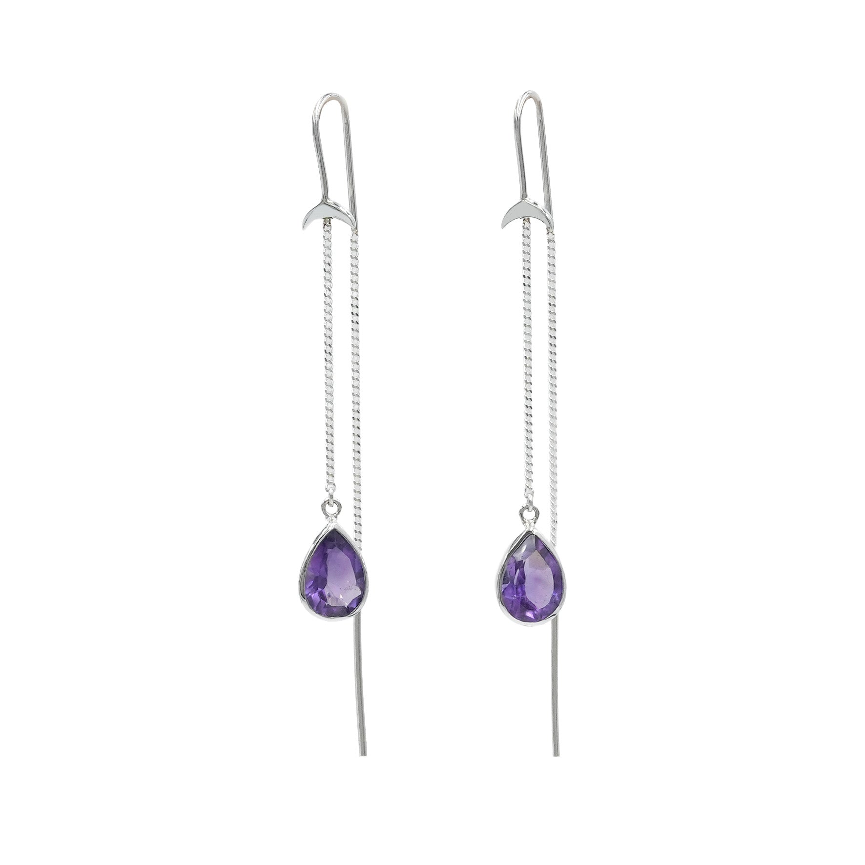 Starborn Amethyst Pear Faceted Threader Earring with Crescent Moon Accents in Sterling Silver