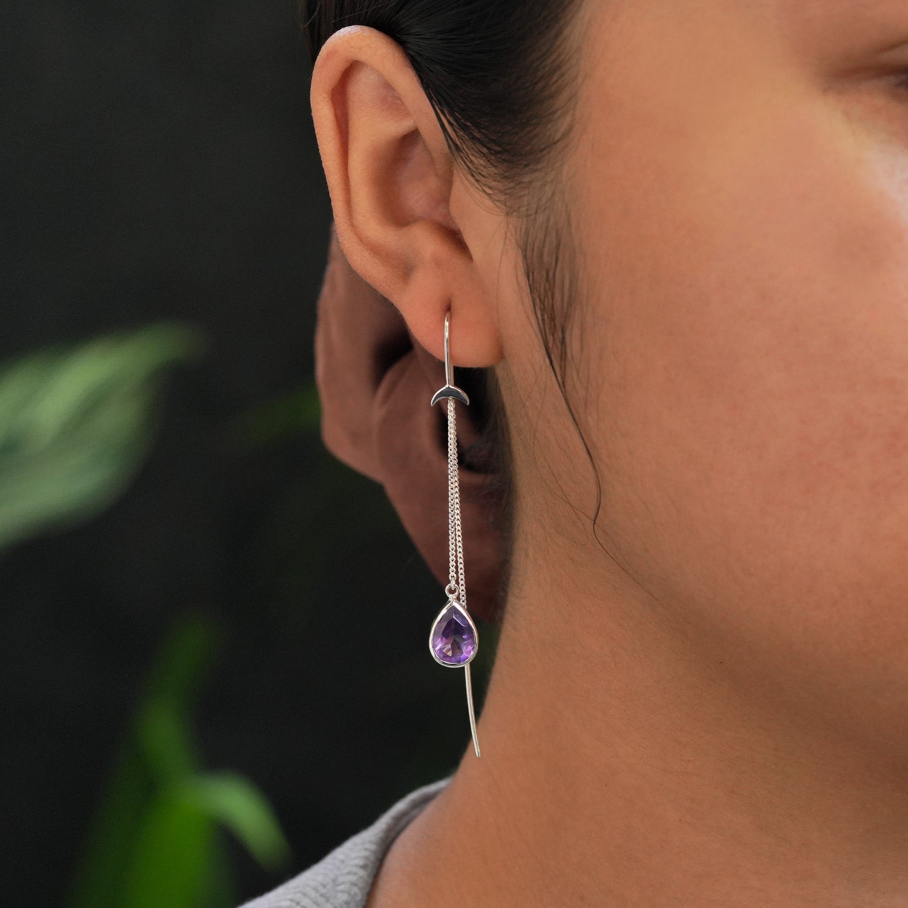 Starborn Amethyst Pear Faceted Threader Earring with Crescent Moon Accents in Sterling Silver