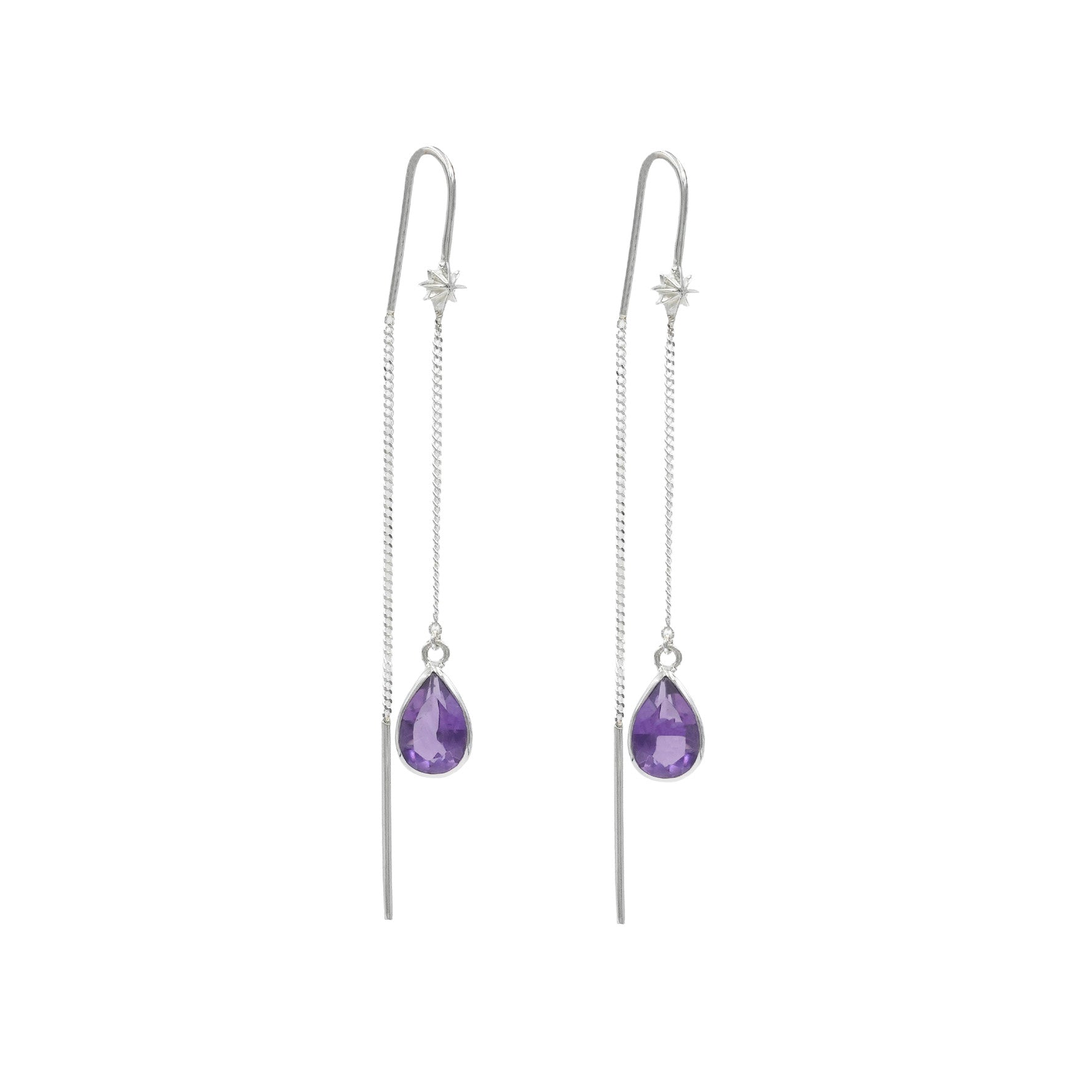 Starborn Amethyst Pear Faceted Threader Earring with Star Accents in Sterling Silver