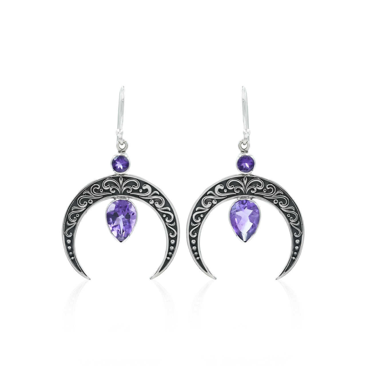 Starborn Crescent Moon Filigree with Pear Faceted Gemstone Dangle Earrings in Sterling Silver