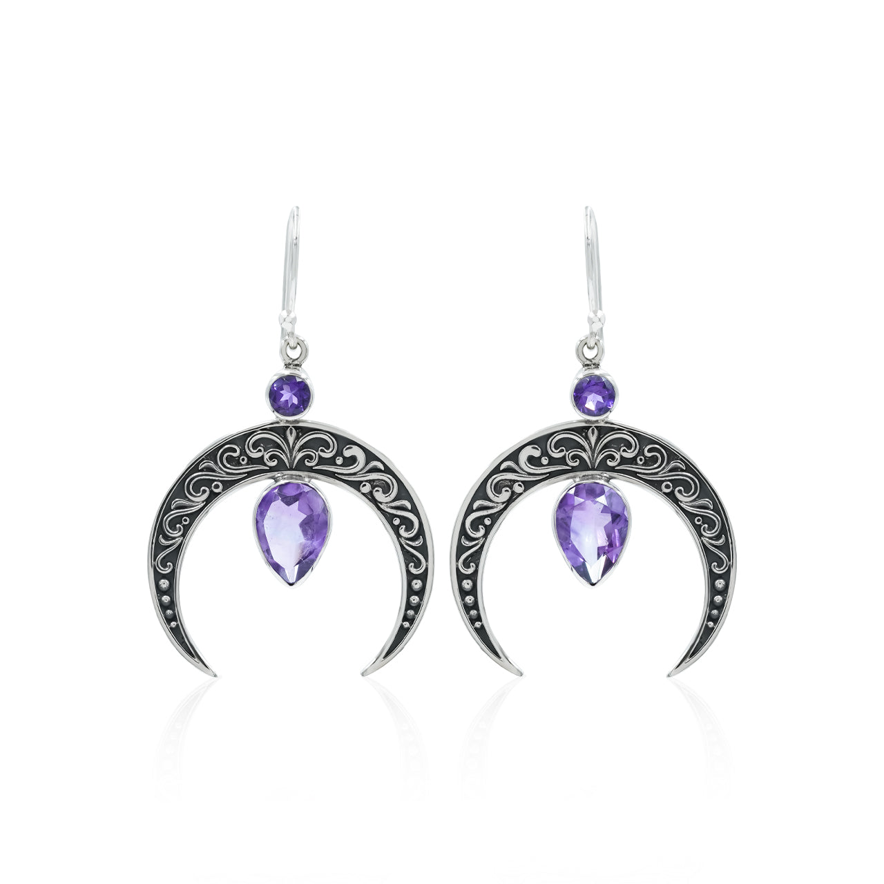 Starborn Crescent Moon Filigree with Pear Faceted Gemstone Dangle Earrings in Sterling Silver