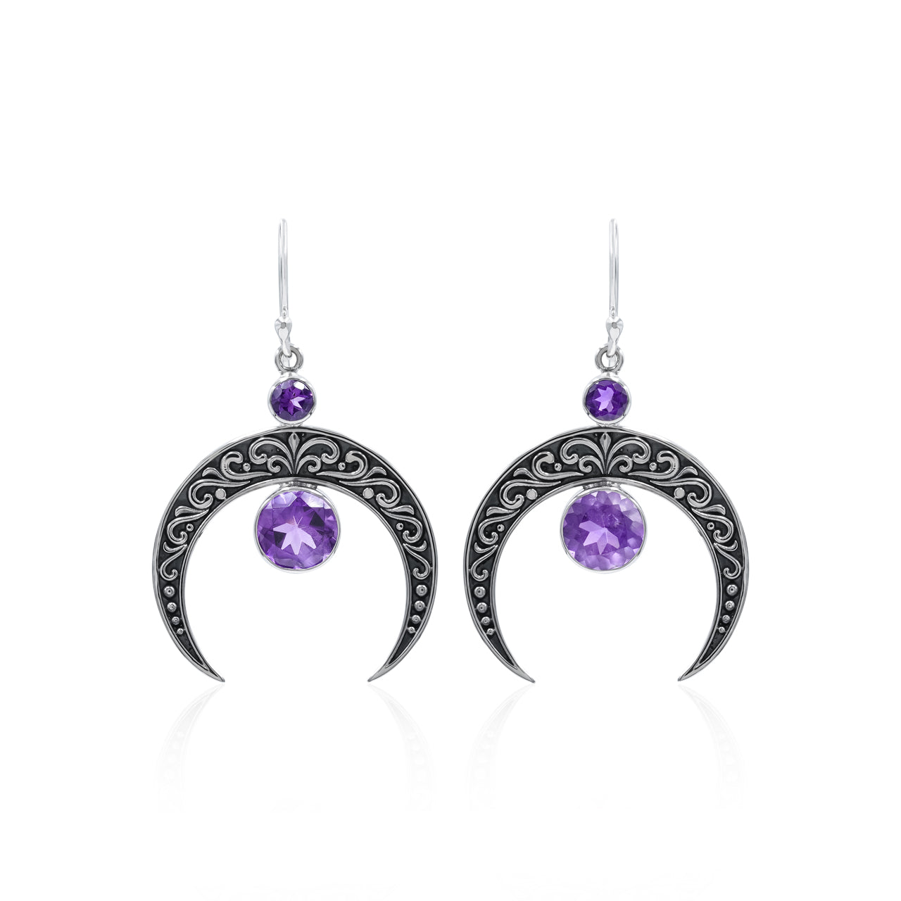 Starborn Crescent Moon Filigree with Round Faceted Gemstone Dangle Earrings in Sterling Silver