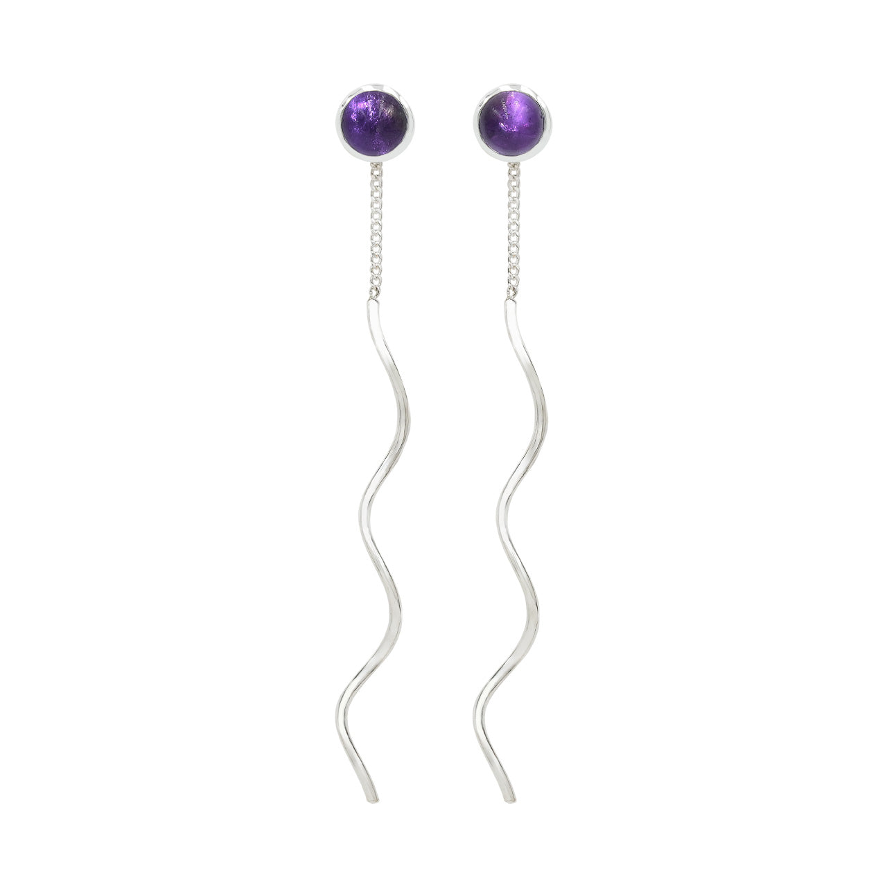 Starborn Polished Amethyst Stud Earrings with Flowing Curled Wire Drop in Sterling Silver