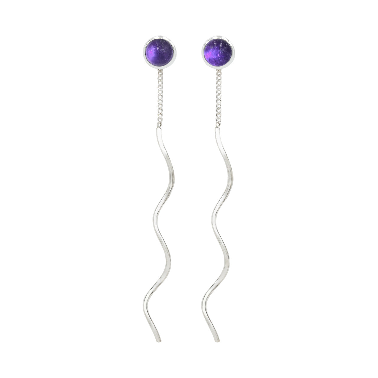Second front view of a round amethyst stud earrings with flowing curled sterling silver wire drops.