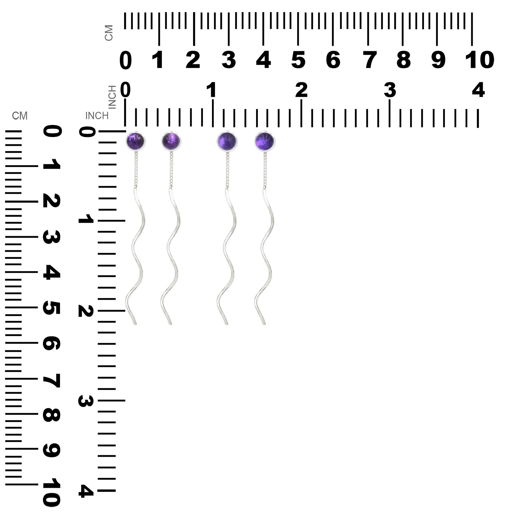 Pair of a round Amethyst stud earrings next to measurement chart showing the height and width in centimeters and inches.  