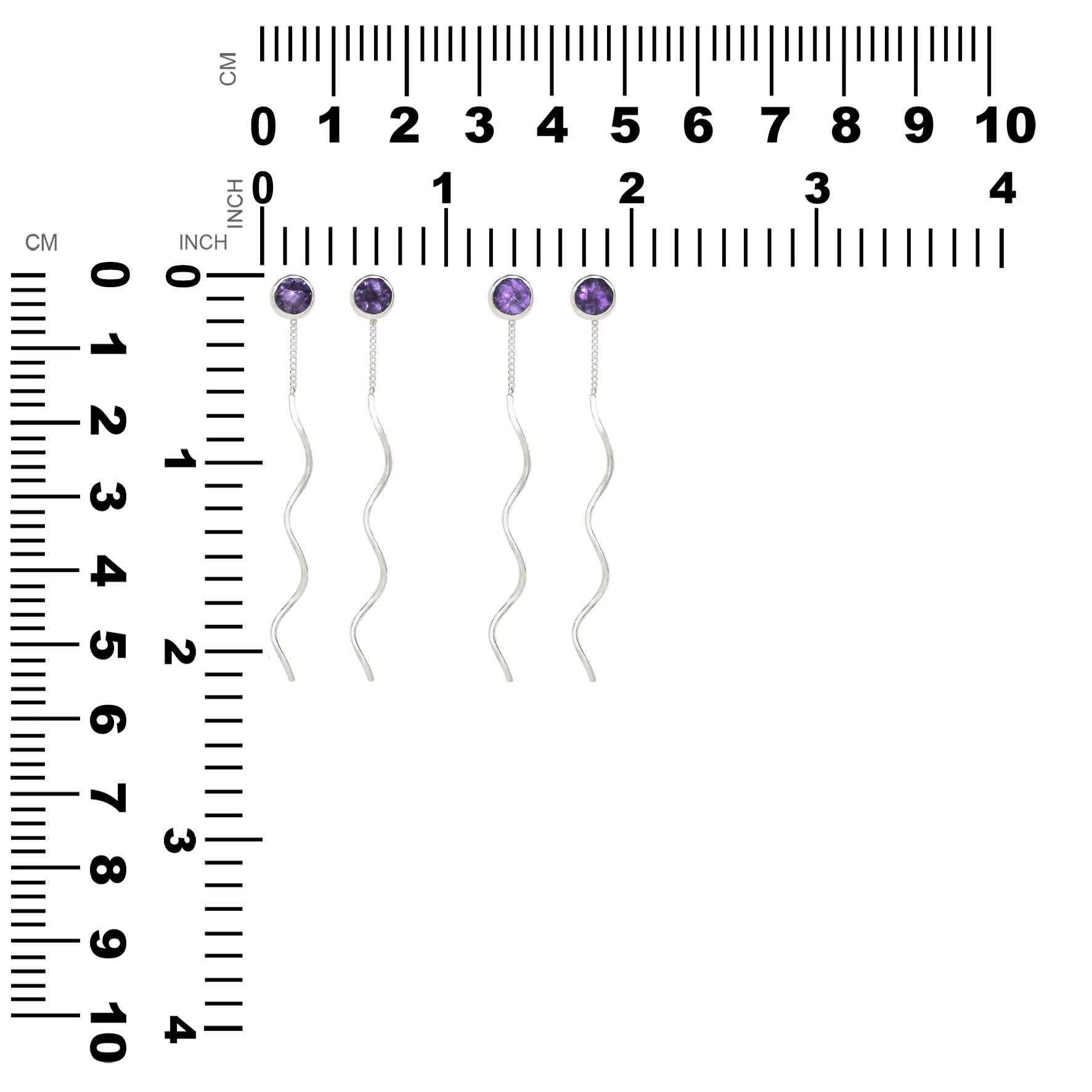 Two pairs of a faceted amethyst stud earrings with flowing curled wire drops displayed next to a measurement chart showing the height and width in centimeters and inches