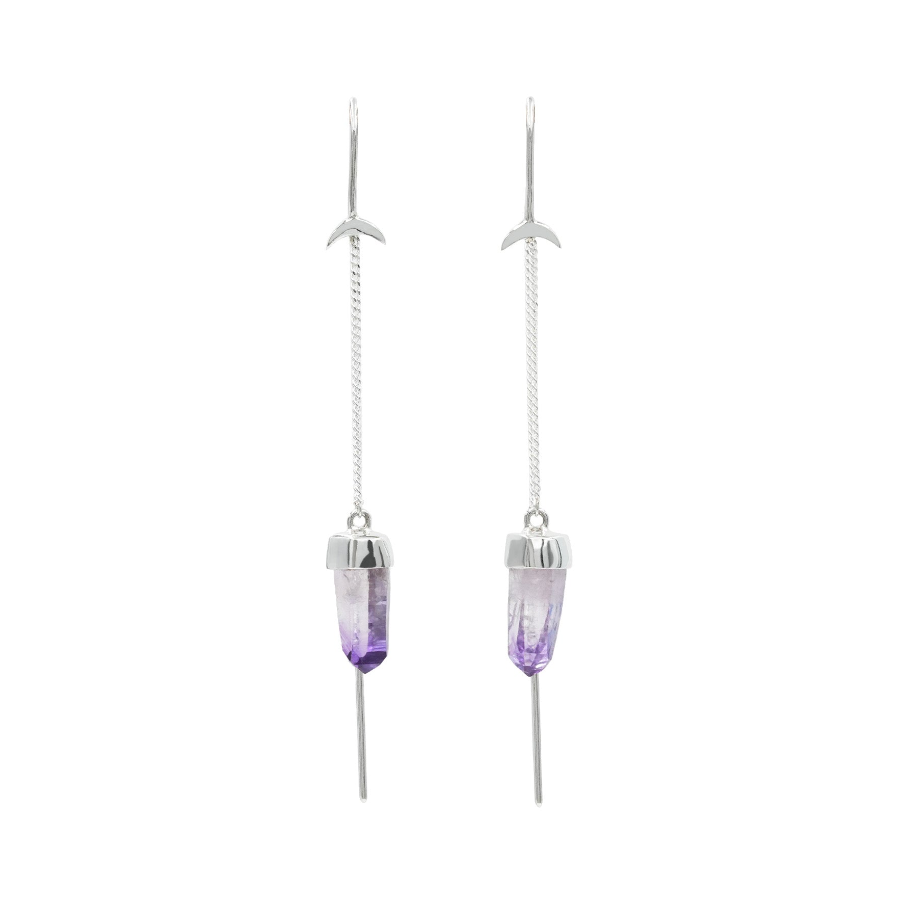 Starborn Vera Cruz Amethyst Crystal Threader Earrings with Crescent Moons Accents in Sterling Silver