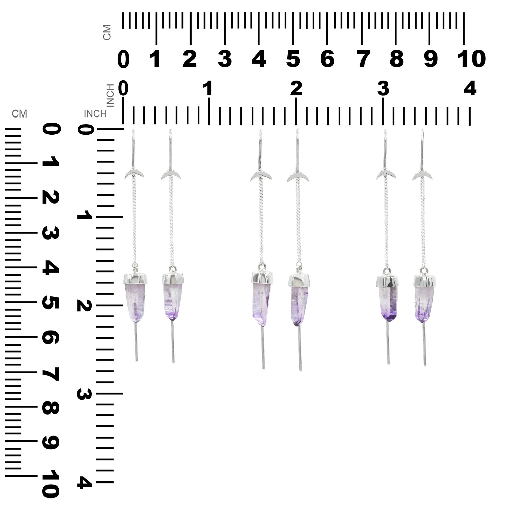 Starborn Vera Cruz Amethyst Crystal Threader Earrings with Crescent Moons Accents in Sterling Silver