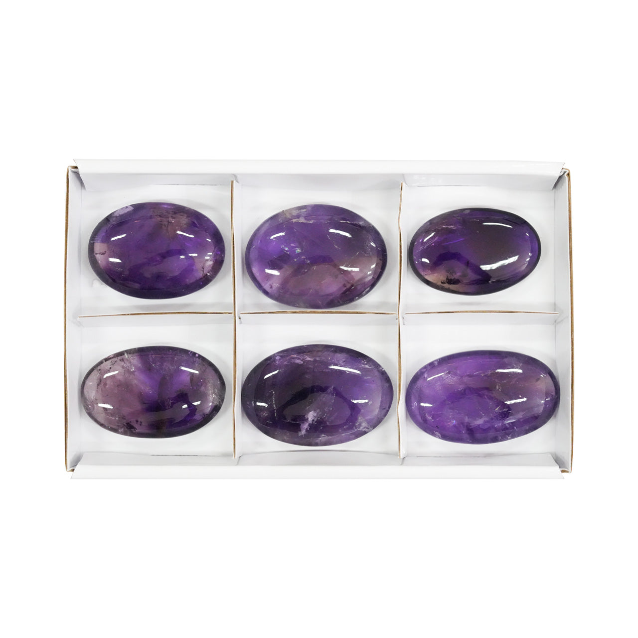Front view of six amethyst palm stones showing the polished oval clear‑purple stones.