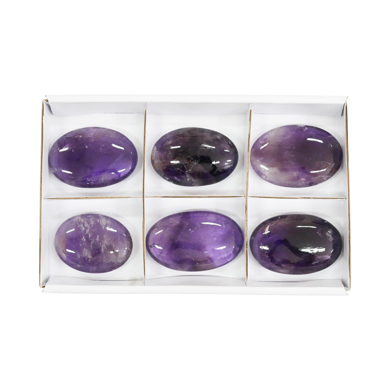 Alternate front view of six amethyst palm stones showing the polished oval clear‑purple stones.
