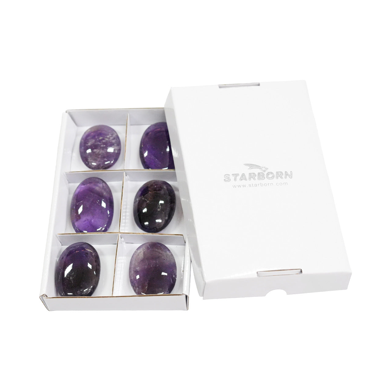 Amethyst palm stones with clear‑purple polished stones shown with the storage box